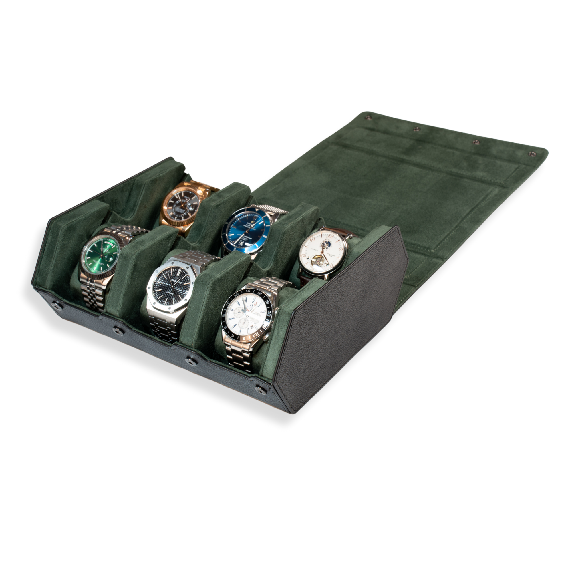 Seconds - Hex Leather Watch Roll 6 Slots in Black/Green