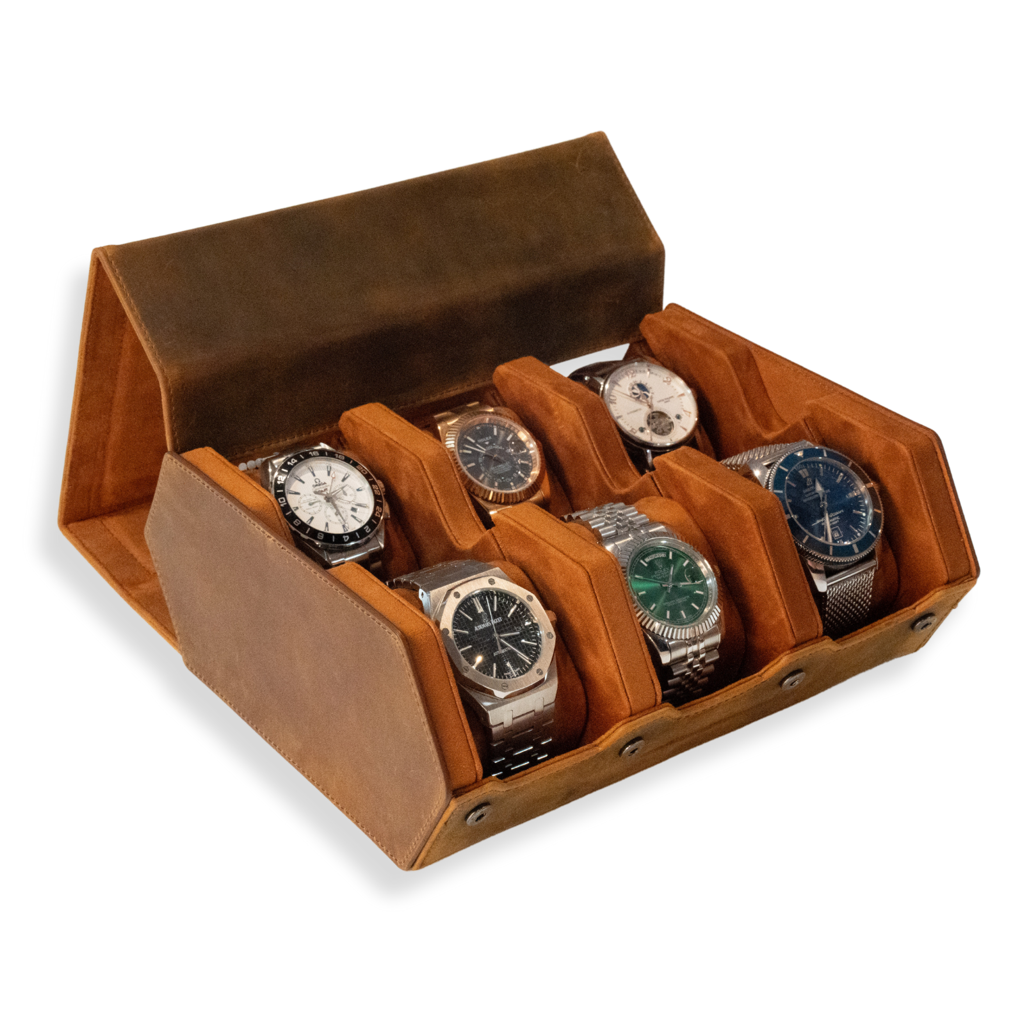 Seconds - Hex Leather Watch Roll 6 Slots in Saddle Leather/Brown