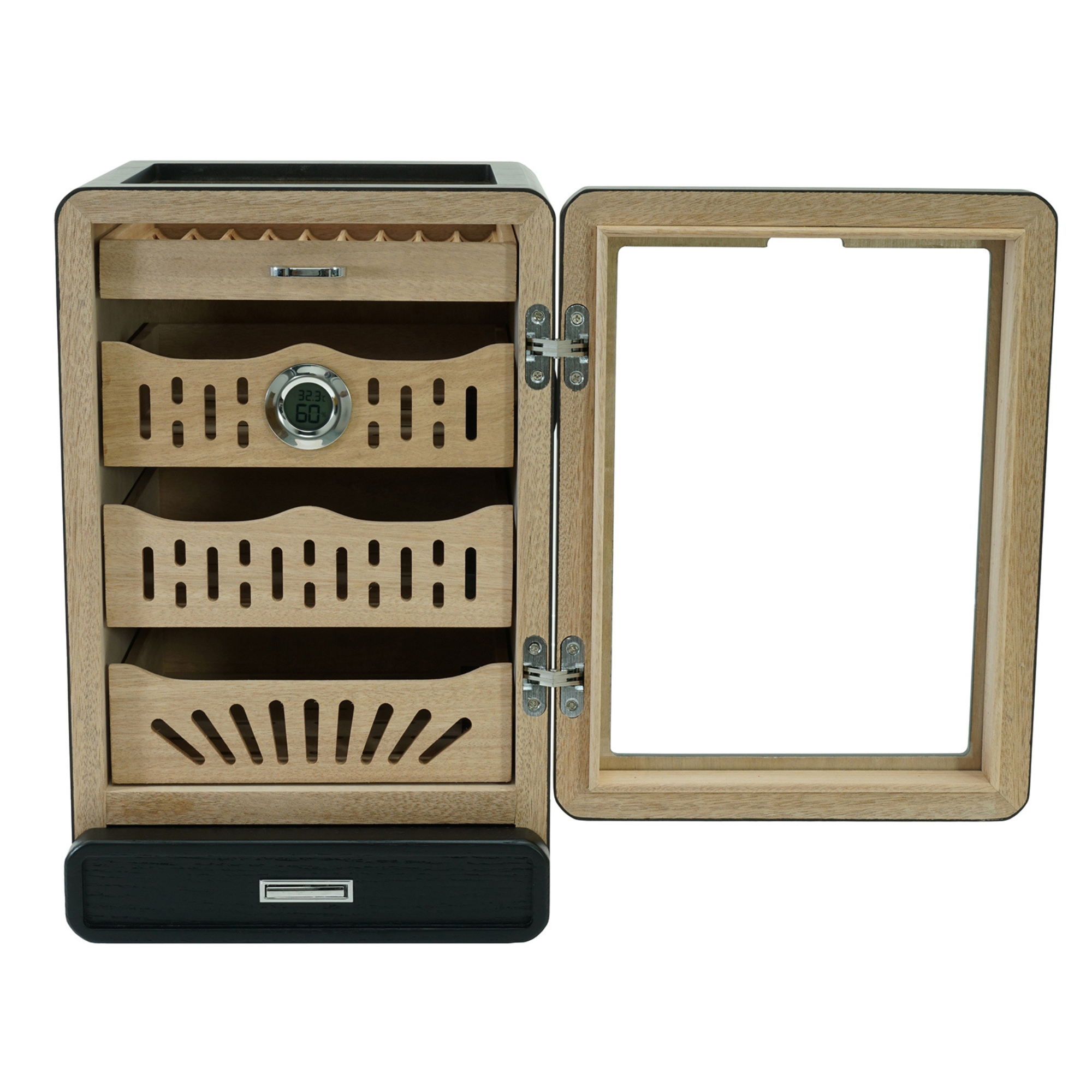 200 CT Black Wooden with Glass Top Cabinet for Cigars