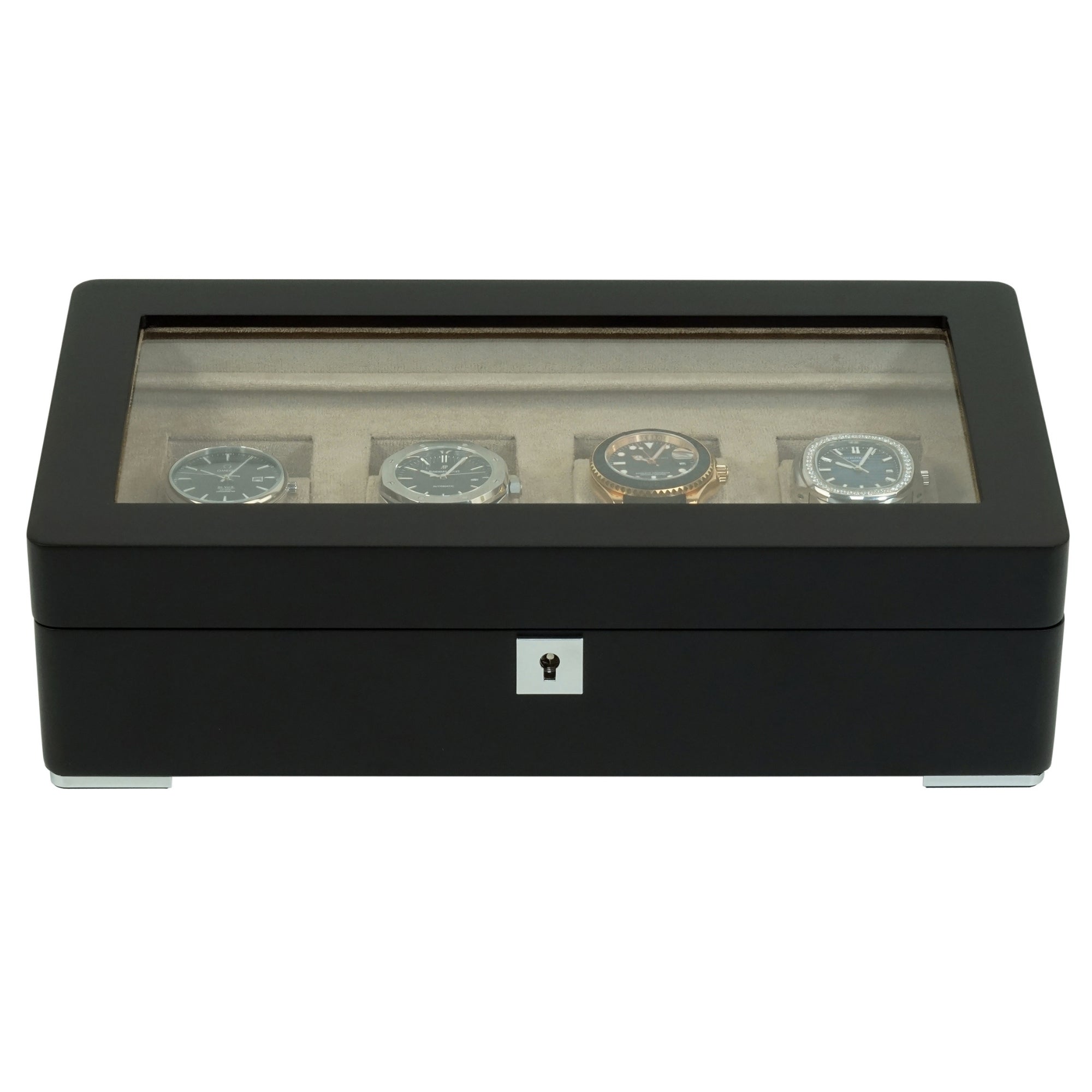 4 Slot Black Wooden Watch Box with Cream Interior