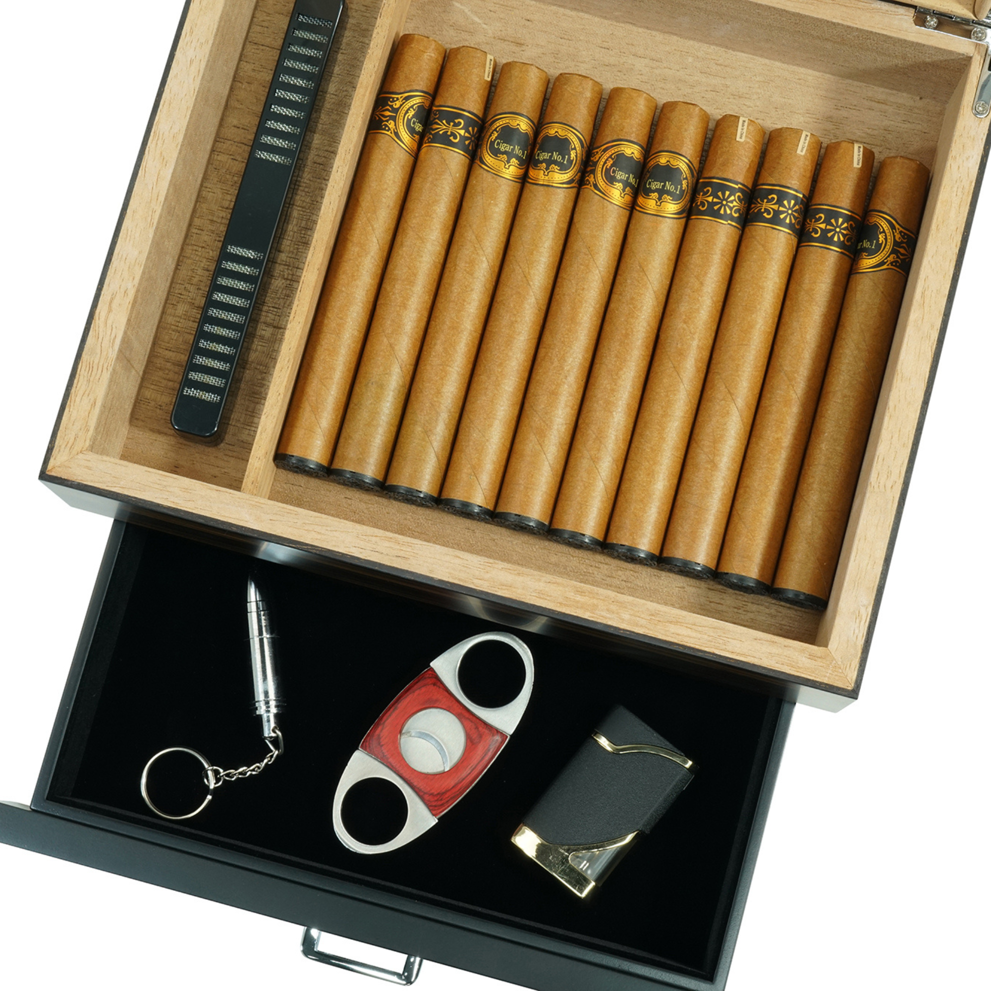 20 CT Ebony Wooden Cigar Humidor Box with Drawer for Cigars