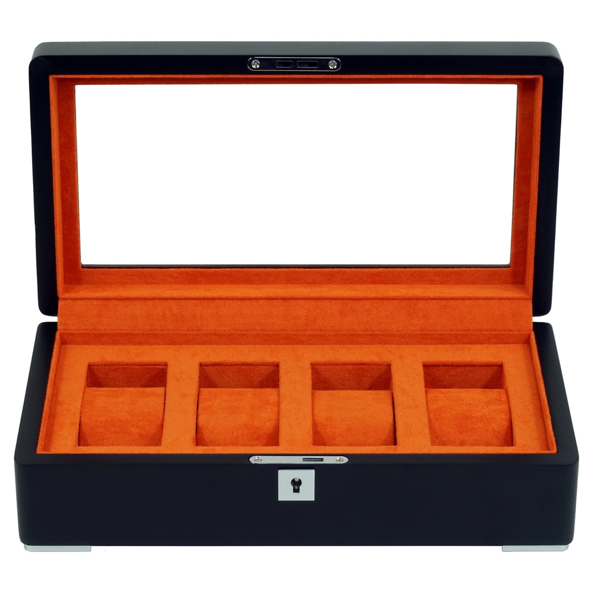 4 Slot Black Wooden Watch Box with Orange Interior