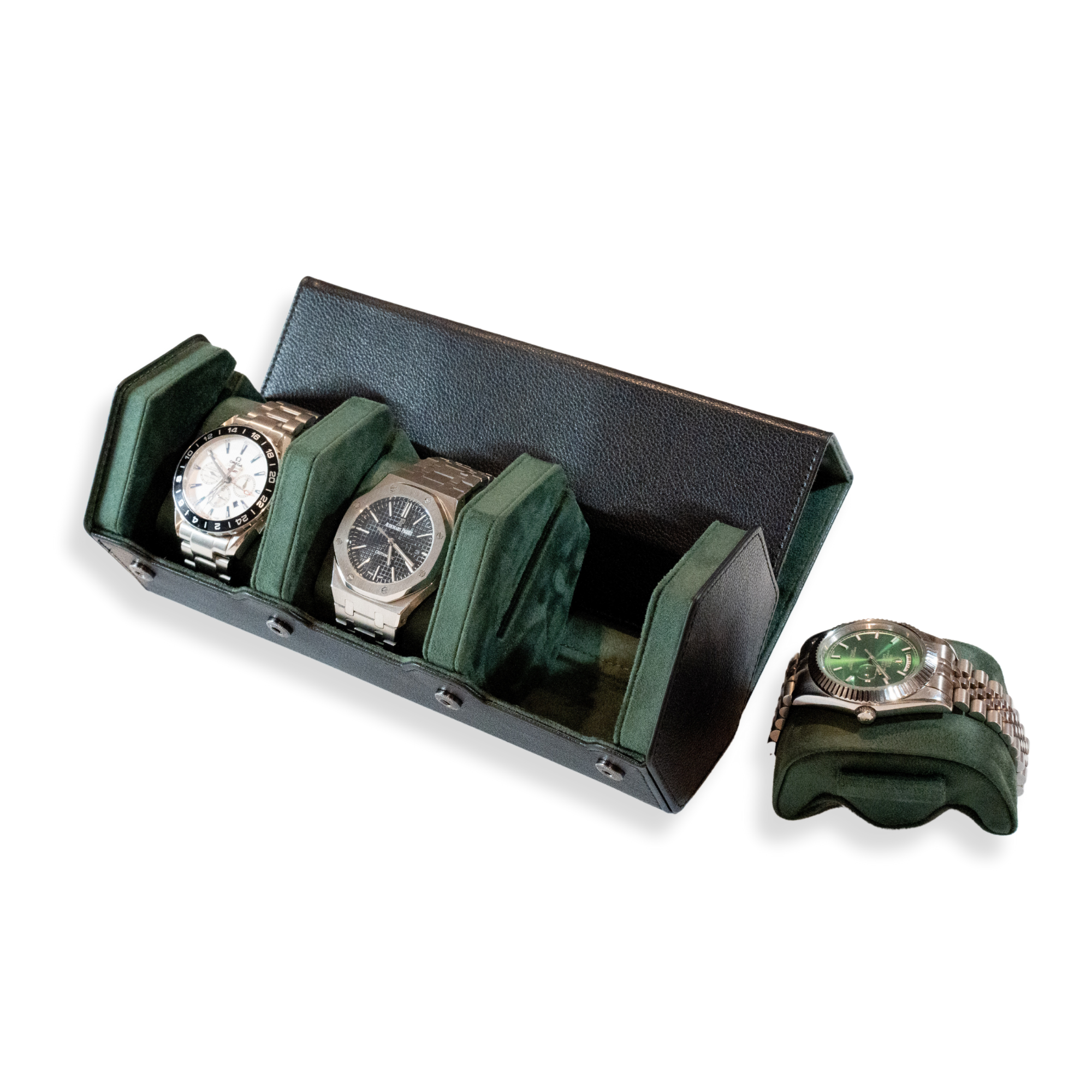 Seconds - Hex Leather Watch Roll 3 Slots in Black/Green