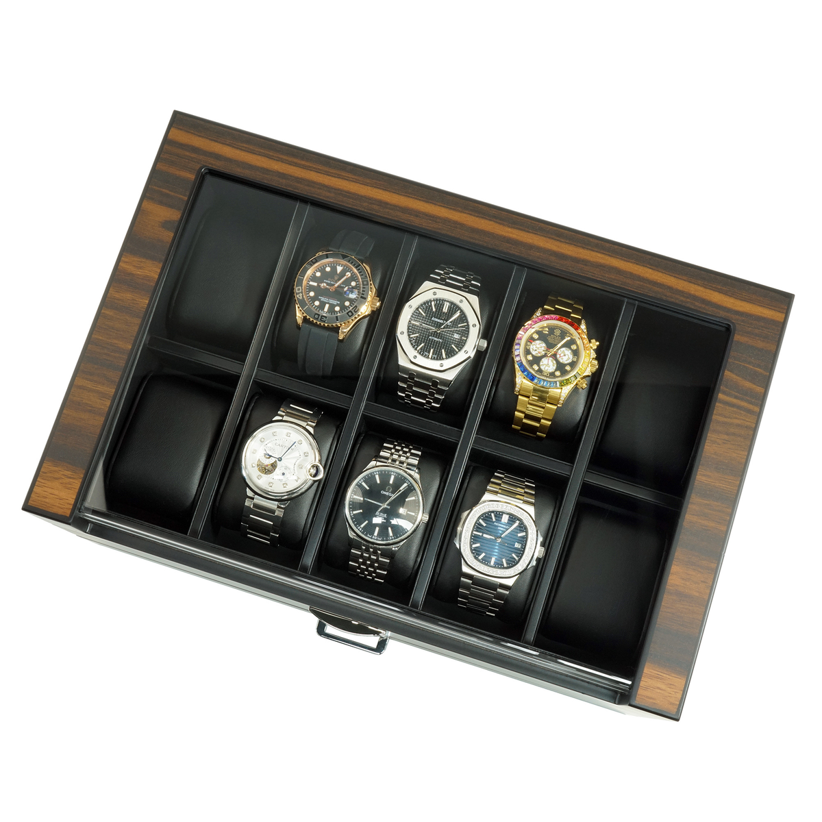 Caja para relojes de 12 compartimentos en madera de ébano con cajón