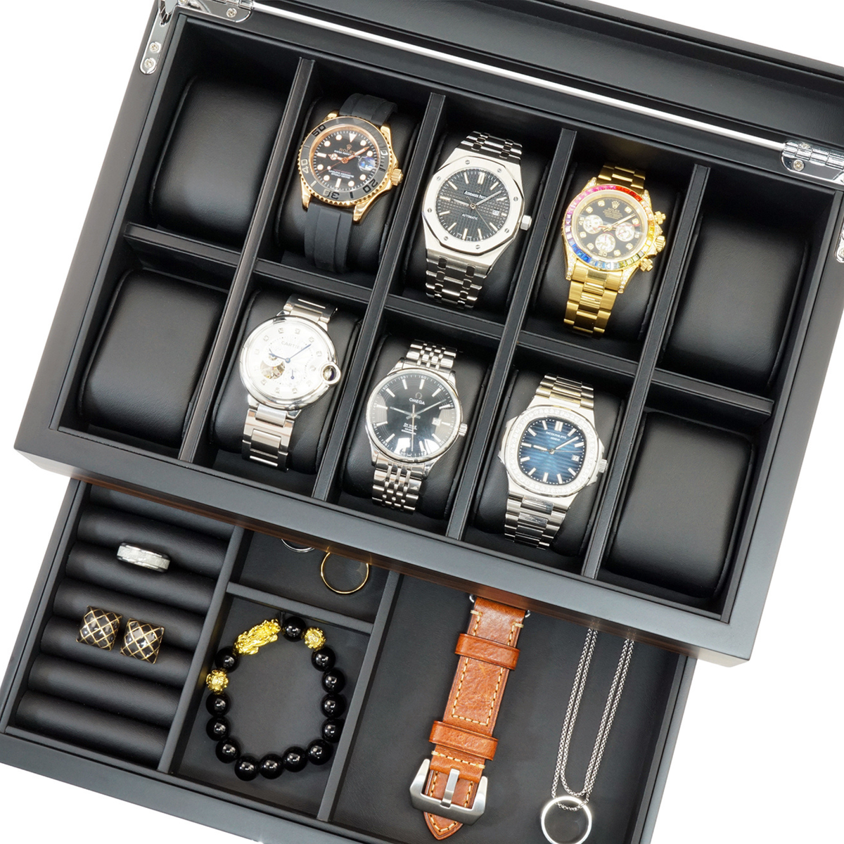 Caja para relojes de 12 compartimentos en madera de ébano con cajón
