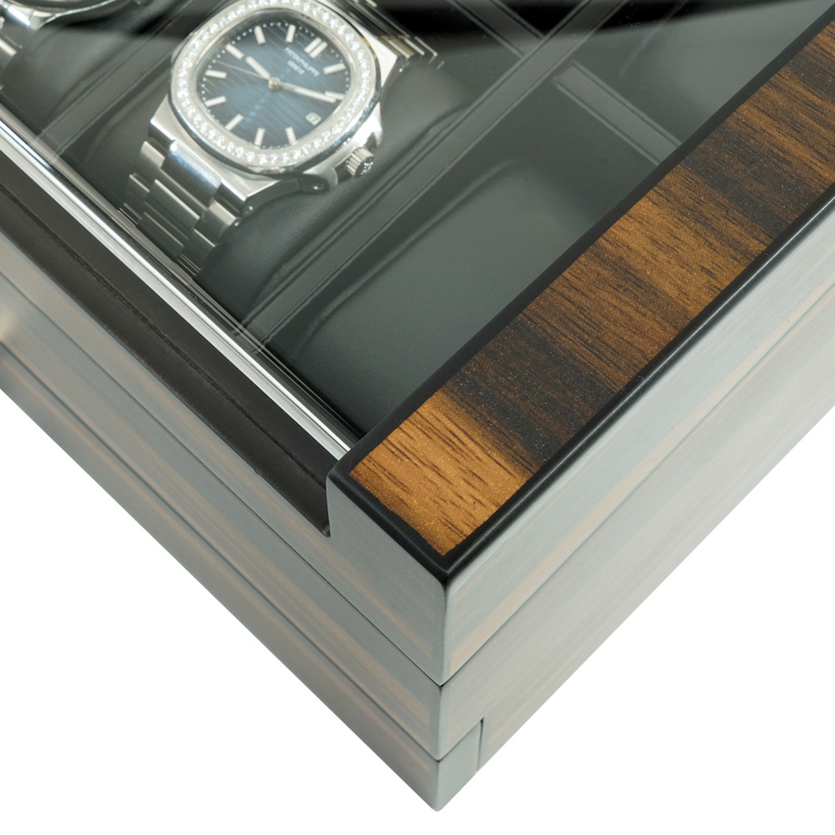 Caja para relojes de 12 compartimentos en madera de ébano con cajón
