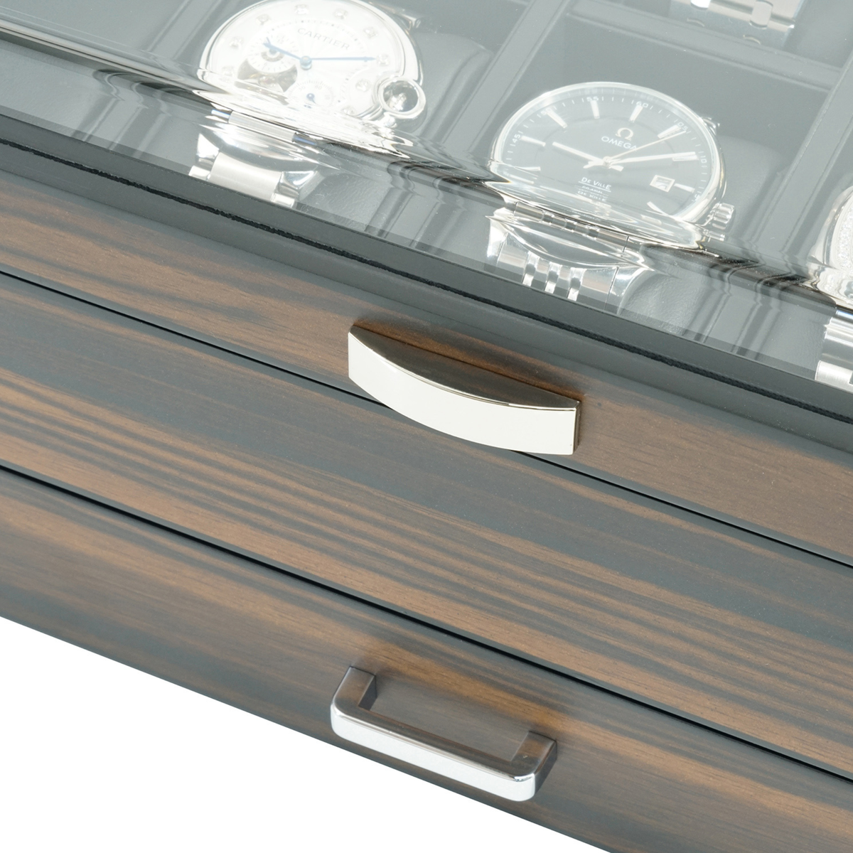 Caja para relojes de 12 compartimentos en madera de ébano con cajón
