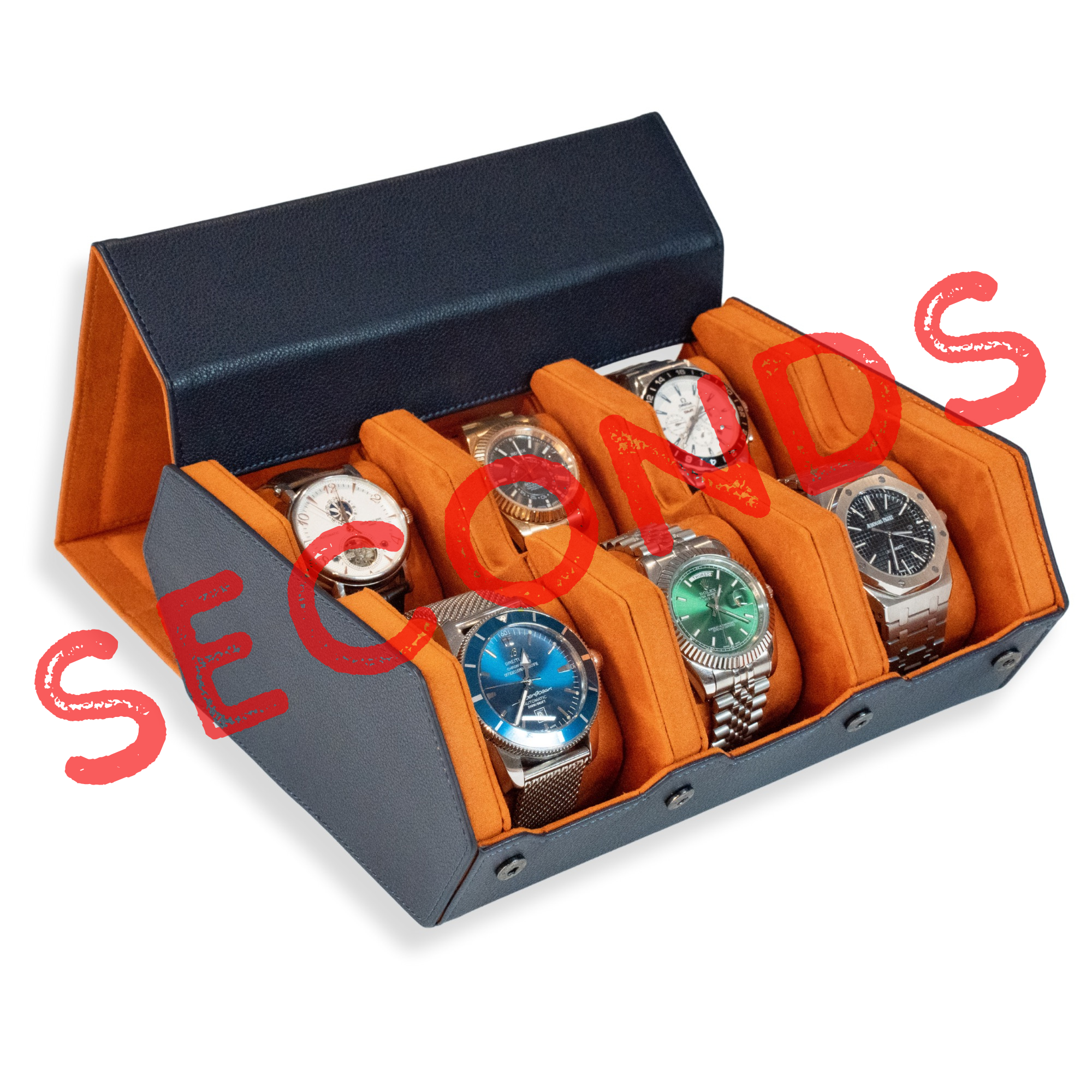 Seconds - Hex Leather Watch Roll 6 Slots in Navy/Orange
