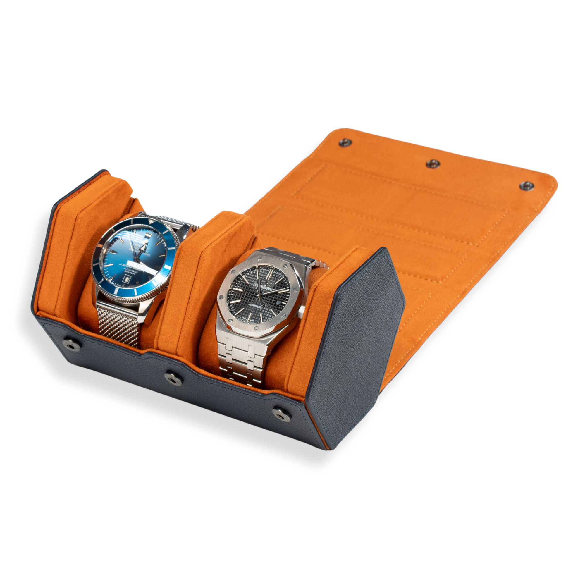 Seconds - Hex Leather Watch Roll 2 Slots in Navy/Orange