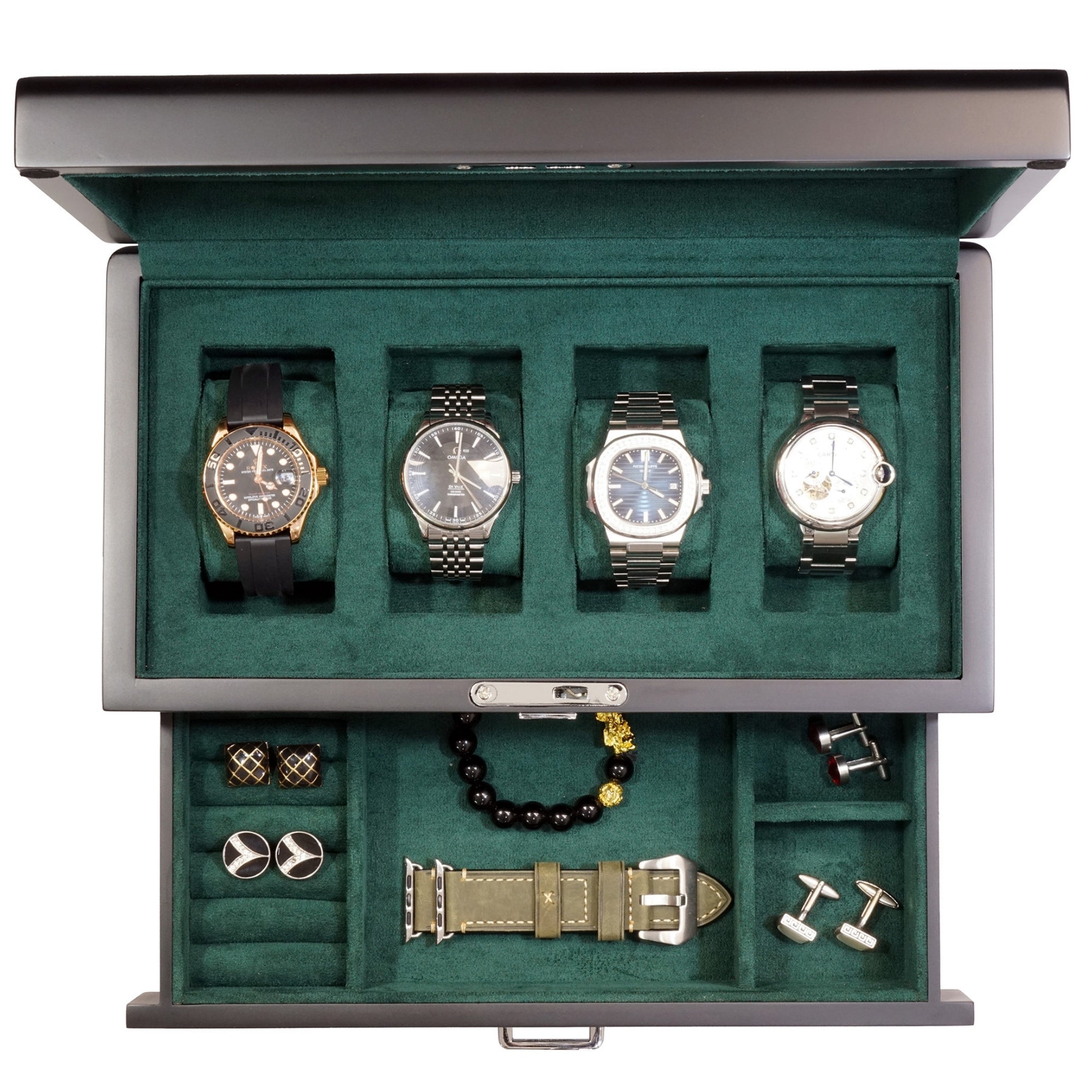Seconds - 4 Slots Wooden Watch Box with Green Interior and Drawer
