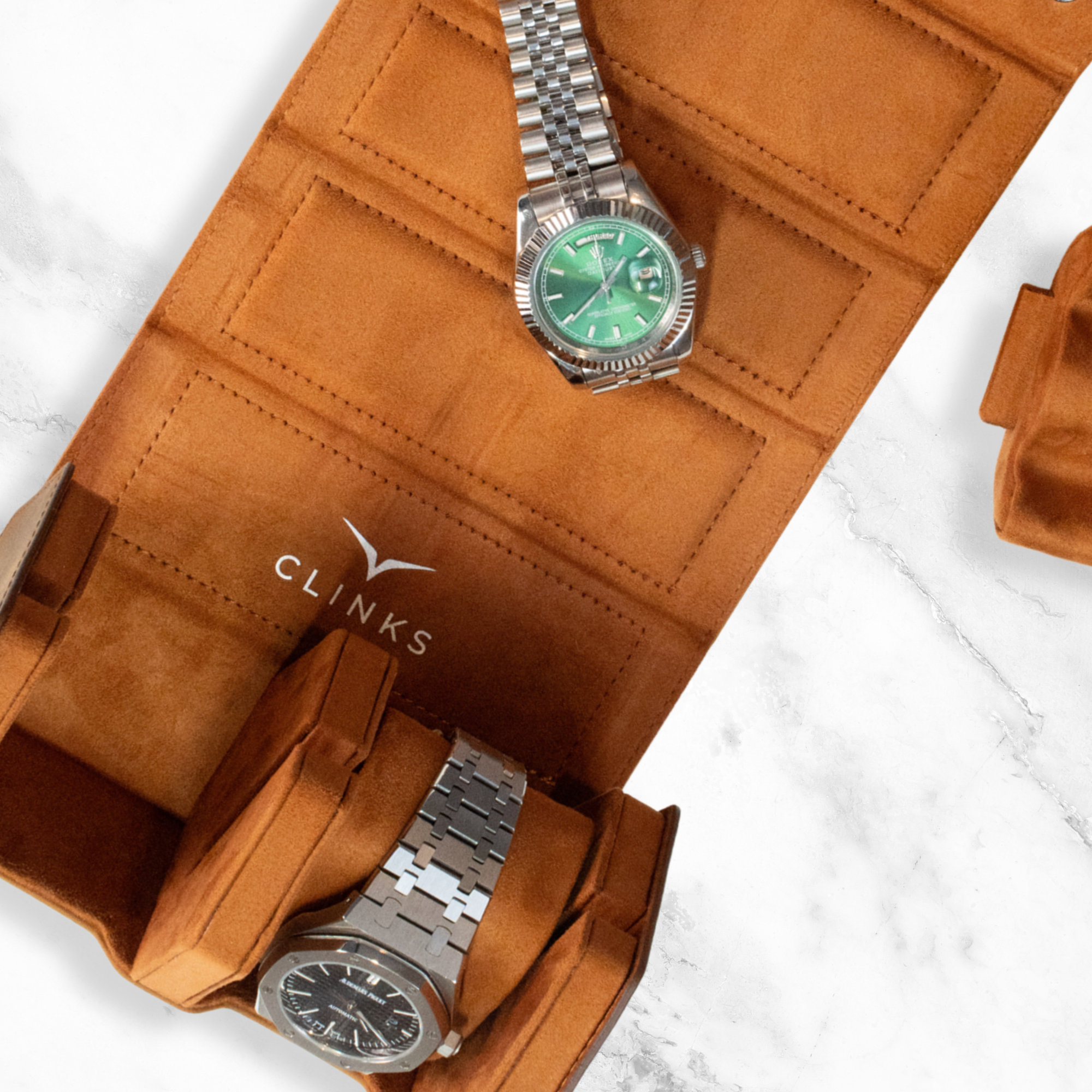 Hex Leather Watch Roll 2 Slots in Saddle Leather/Brown