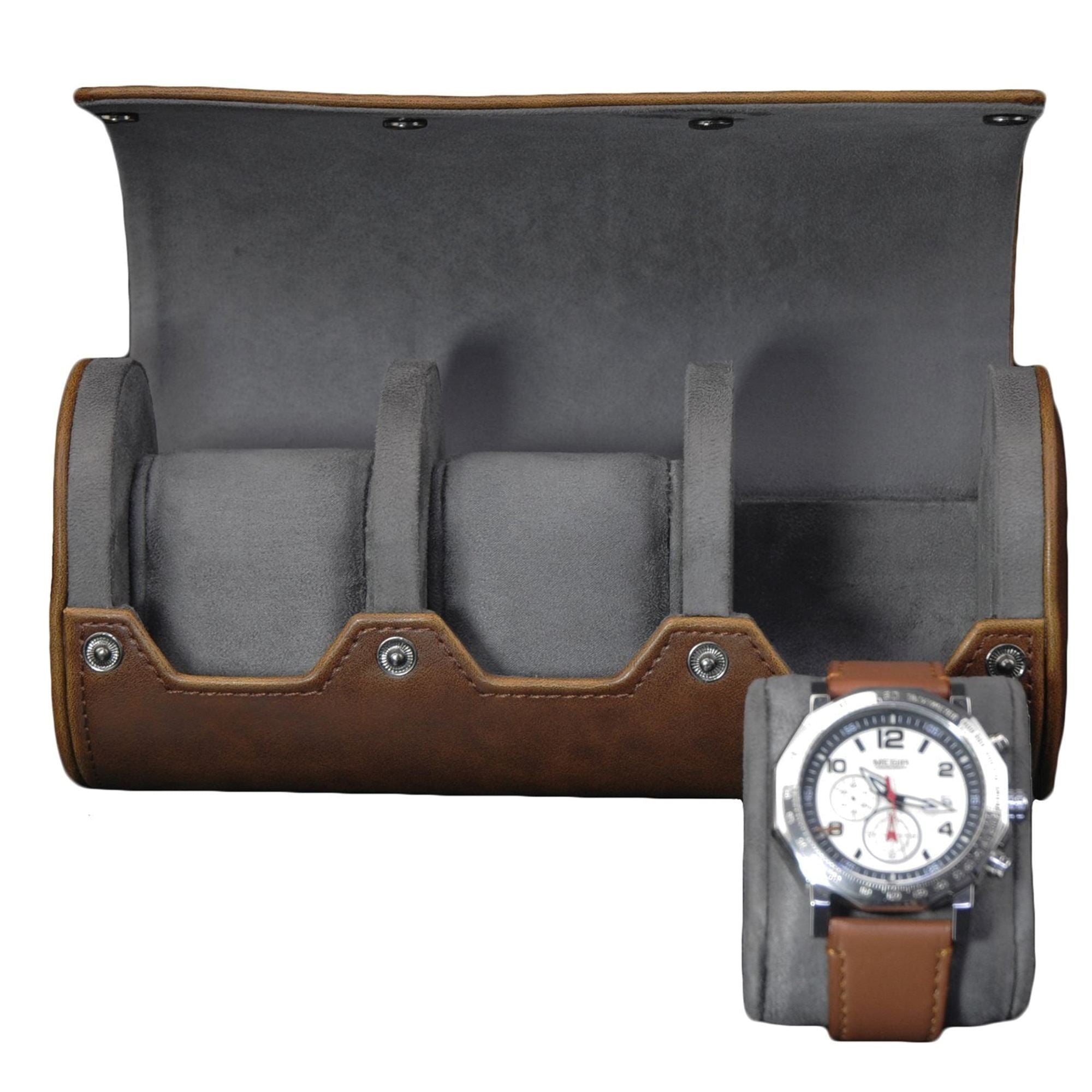 Watch Roll Case for 3 in Brown Vegan Leather Watch Boxes Clinks
