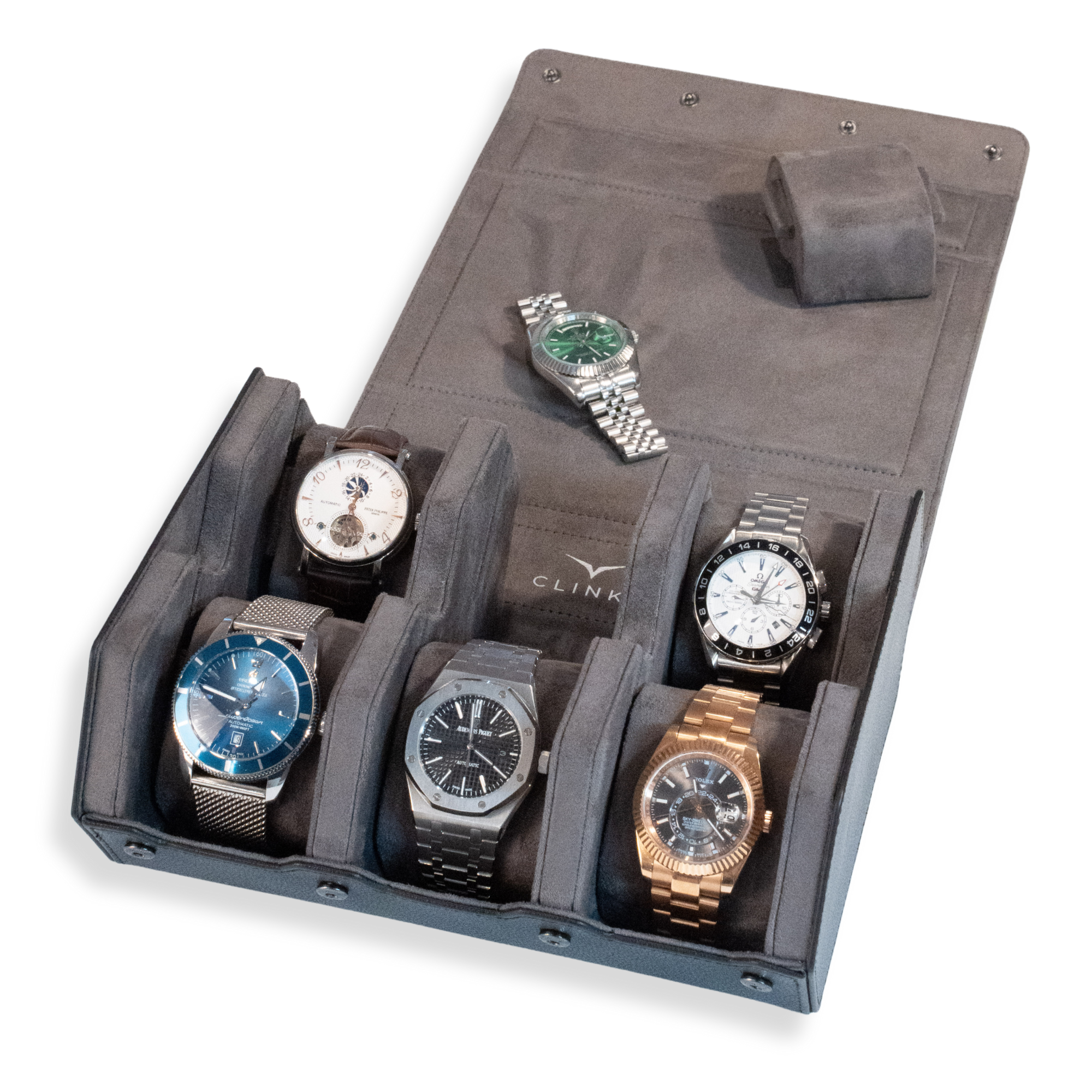 Seconds - Hex Leather Watch Roll 6 Slots in Black/Charcoal