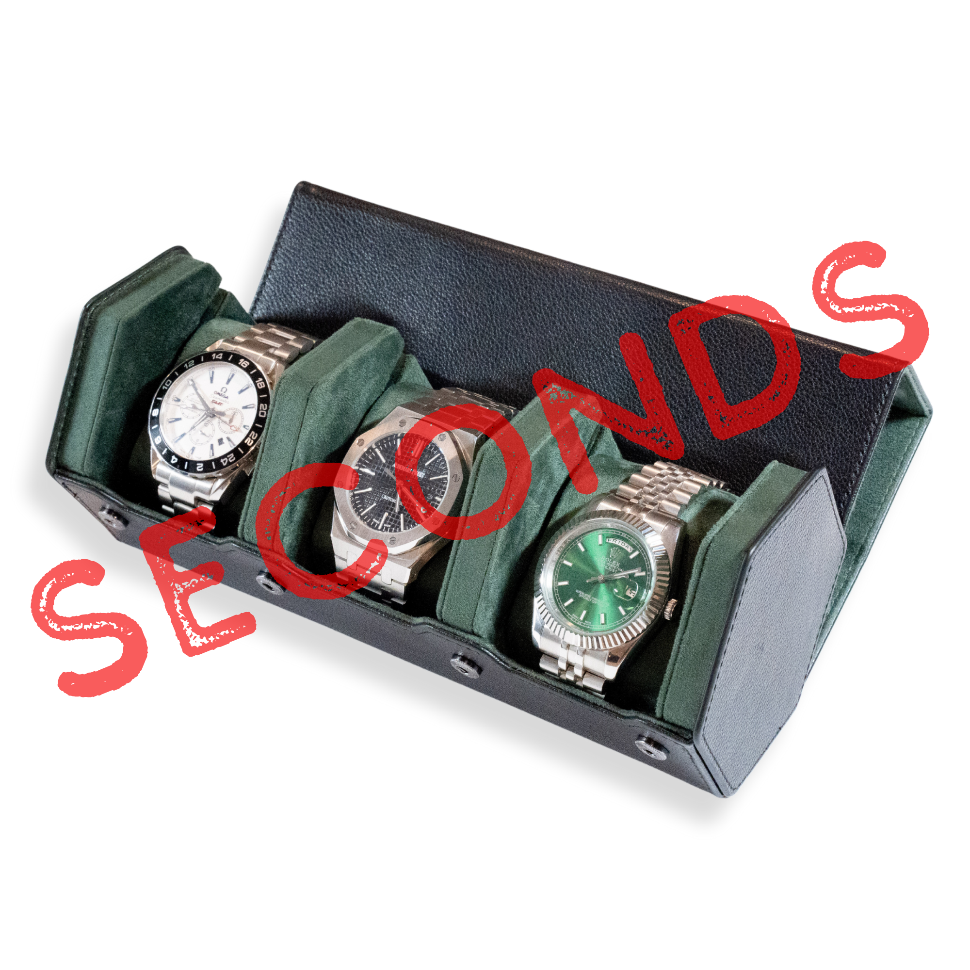 Seconds - Hex Leather Watch Roll 3 Slots in Black/Green