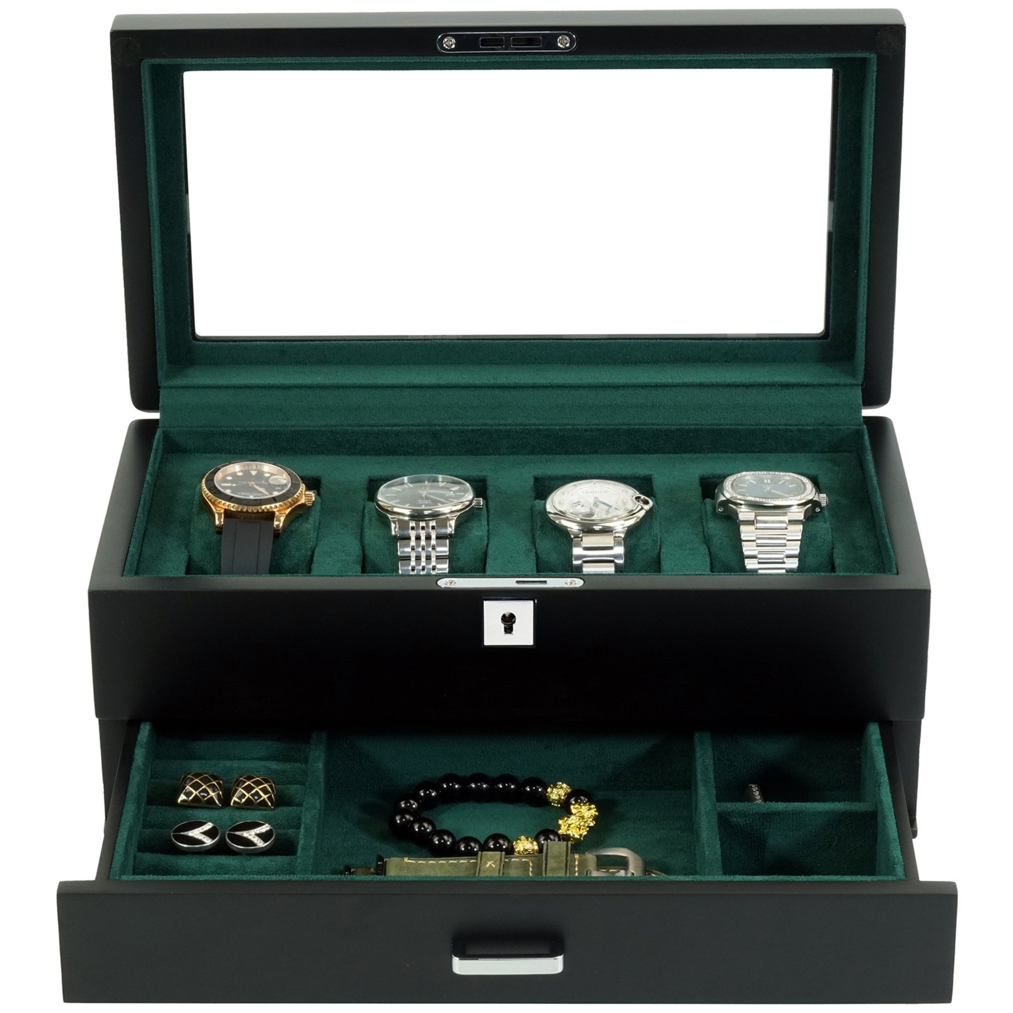 Seconds - 4 Slots Wooden Watch Box with Green Interior and Drawer (A)