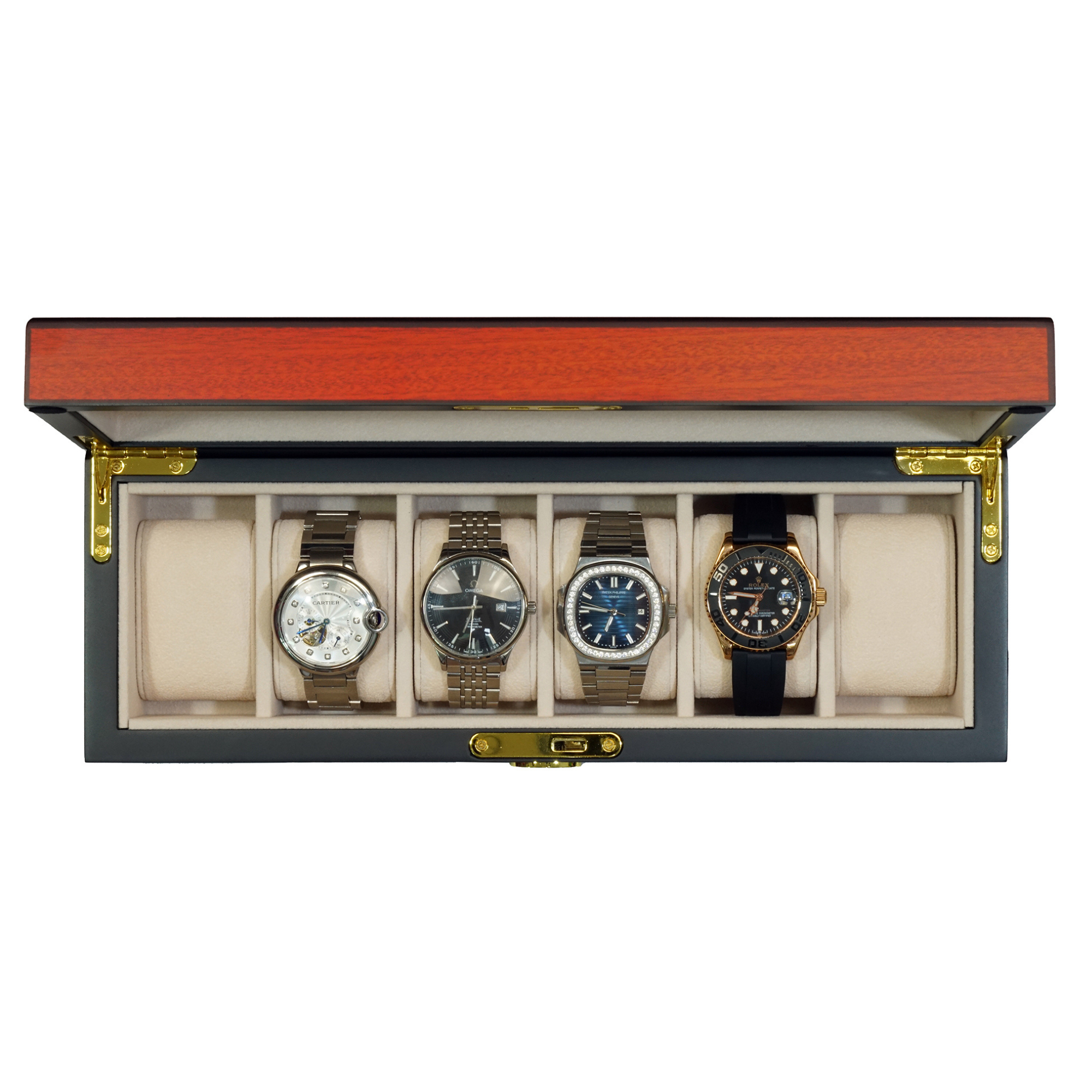 6 Slots Wooden Watch Box With Glass Window