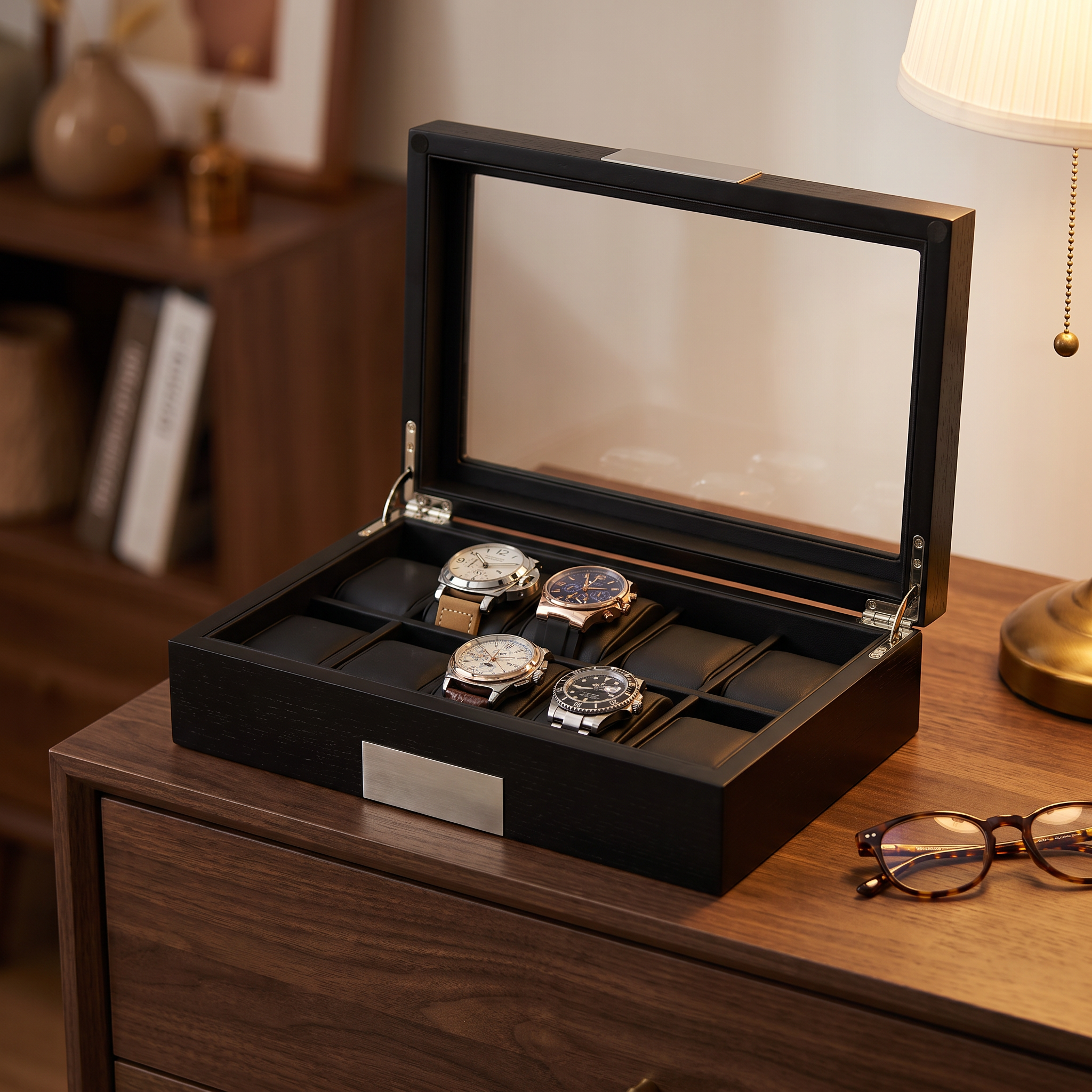 10 Slots Black Wooden Watch Box — lifestyle shot