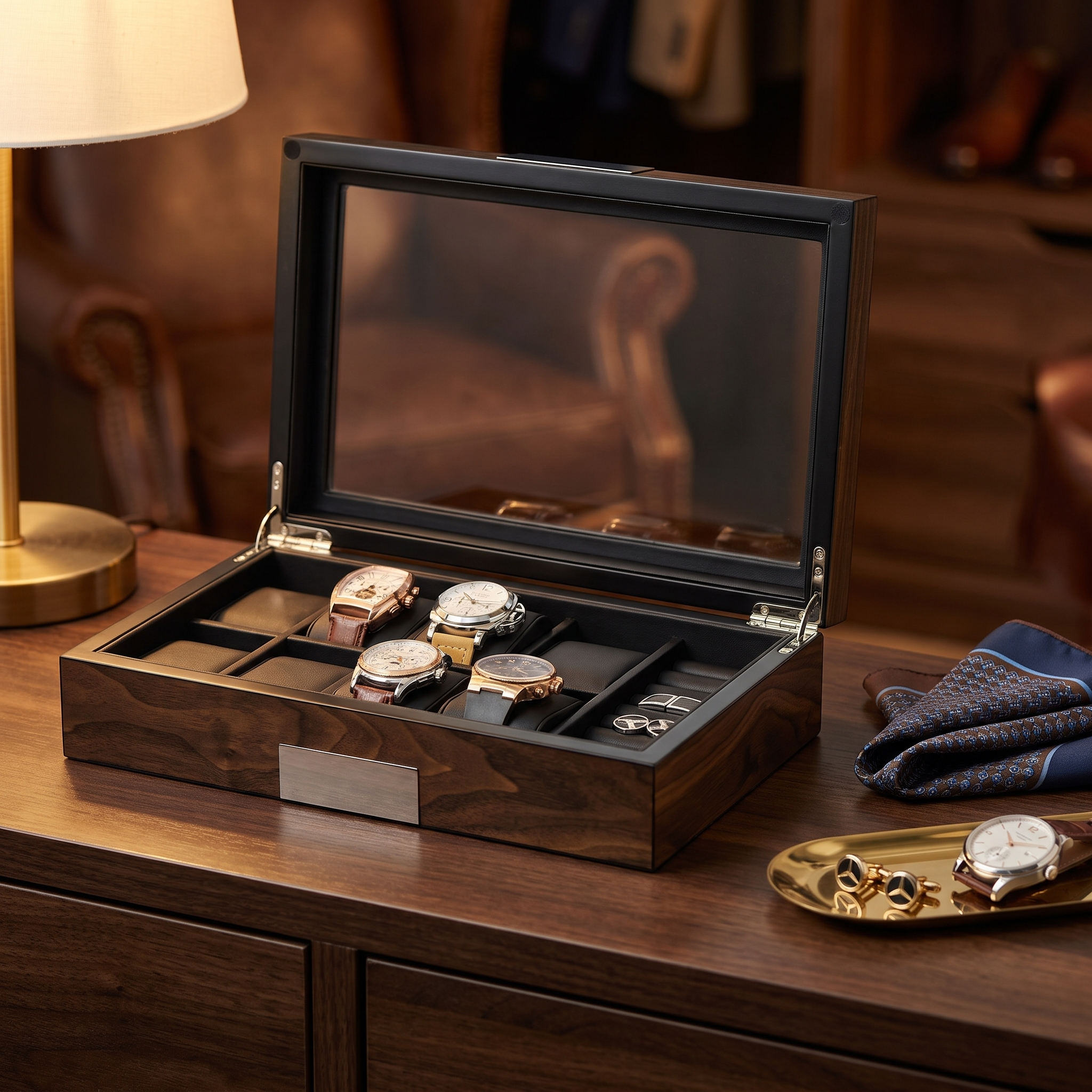 Walnut Wooden Watch & Cufflink Box, 8 Slots — lifestyle shot