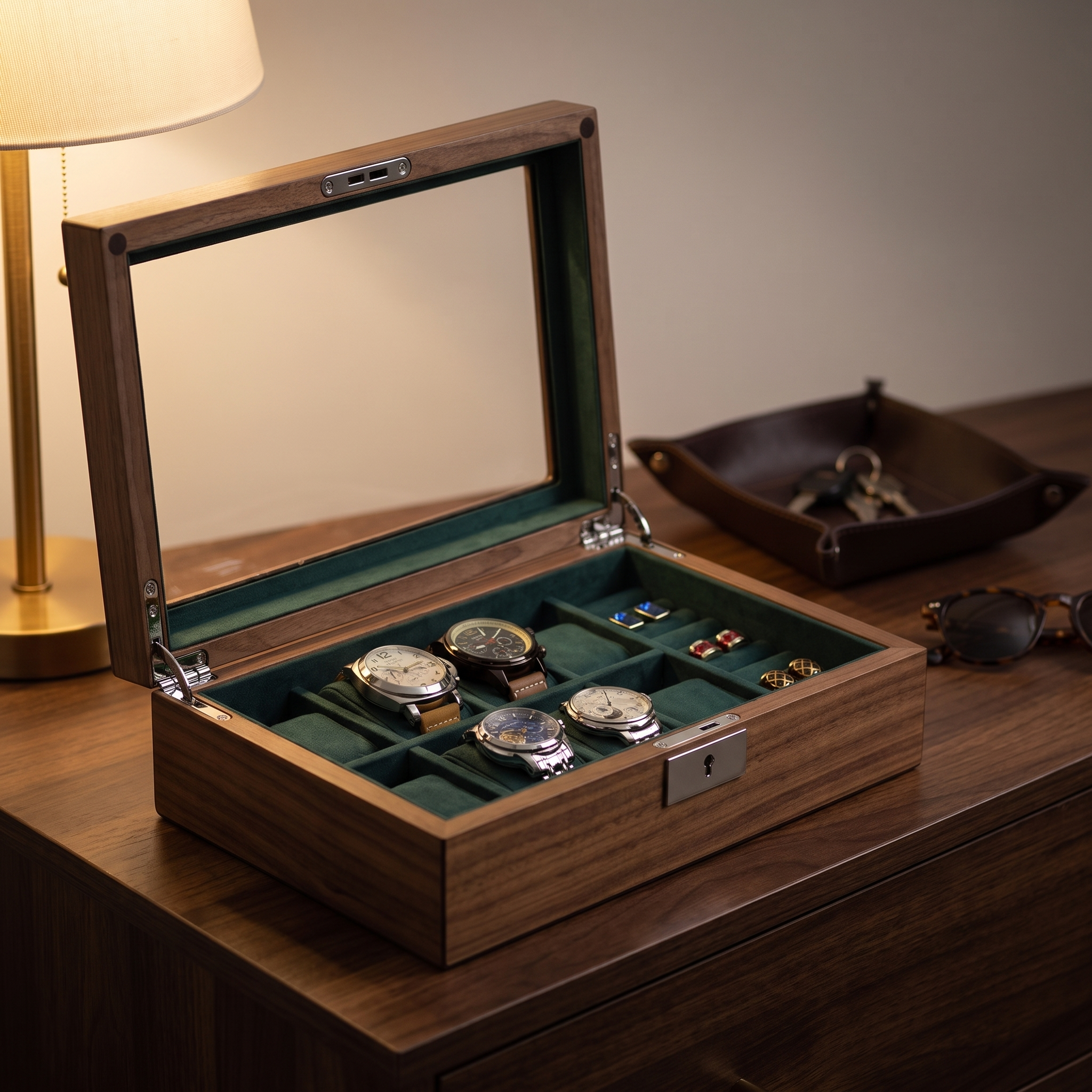 8 Slots Walnut Wooden Watch Box with Cufflinks Storage — lifestyle shot
