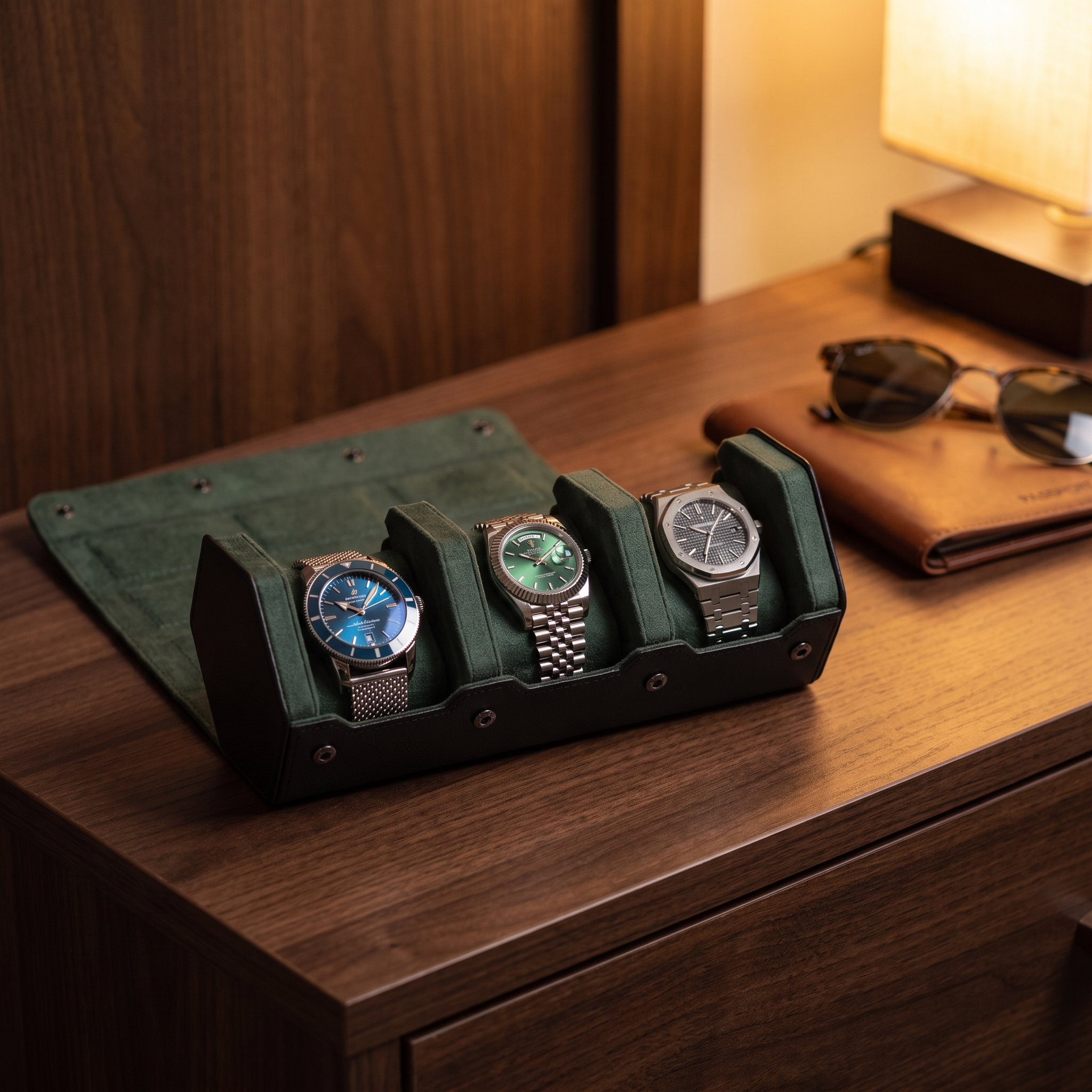 Hex Leather Watch Roll 3 Slots in Black/Green — lifestyle shot