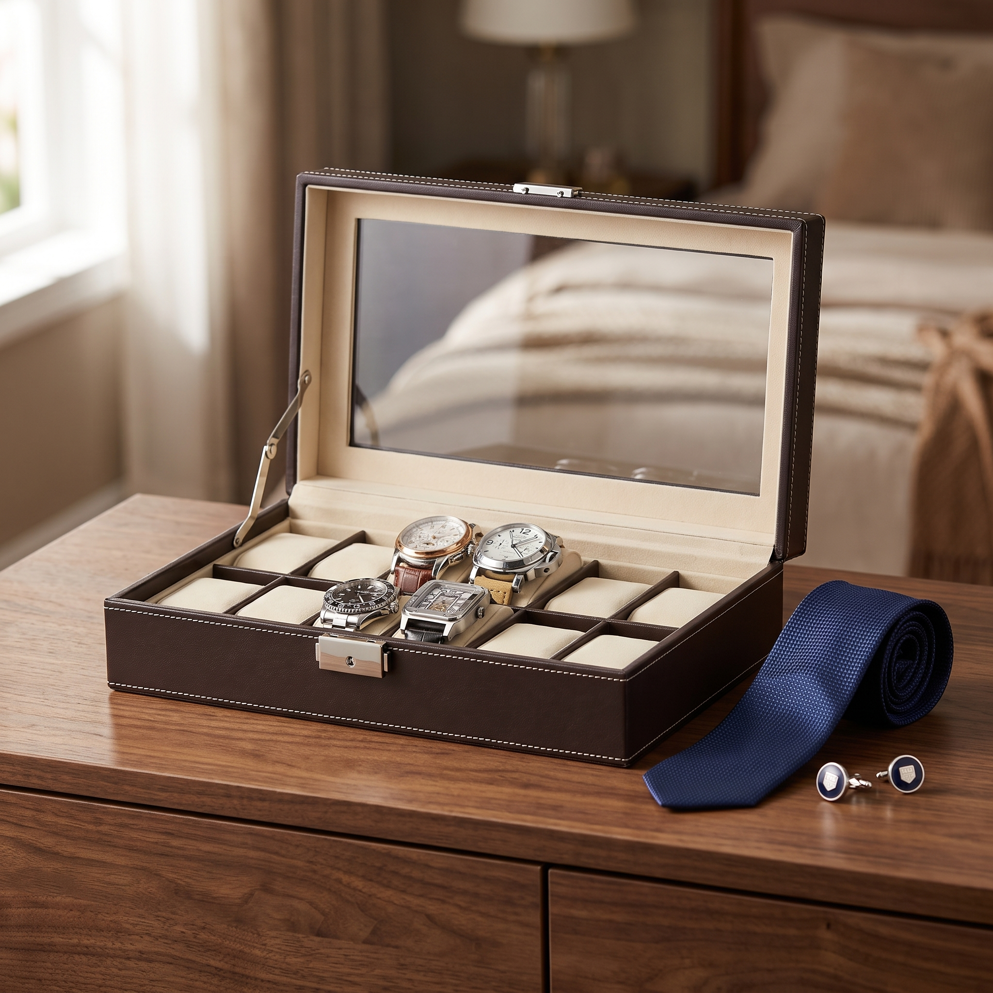 Dark Brown Leather Watch Box for 12 Watches — lifestyle shot