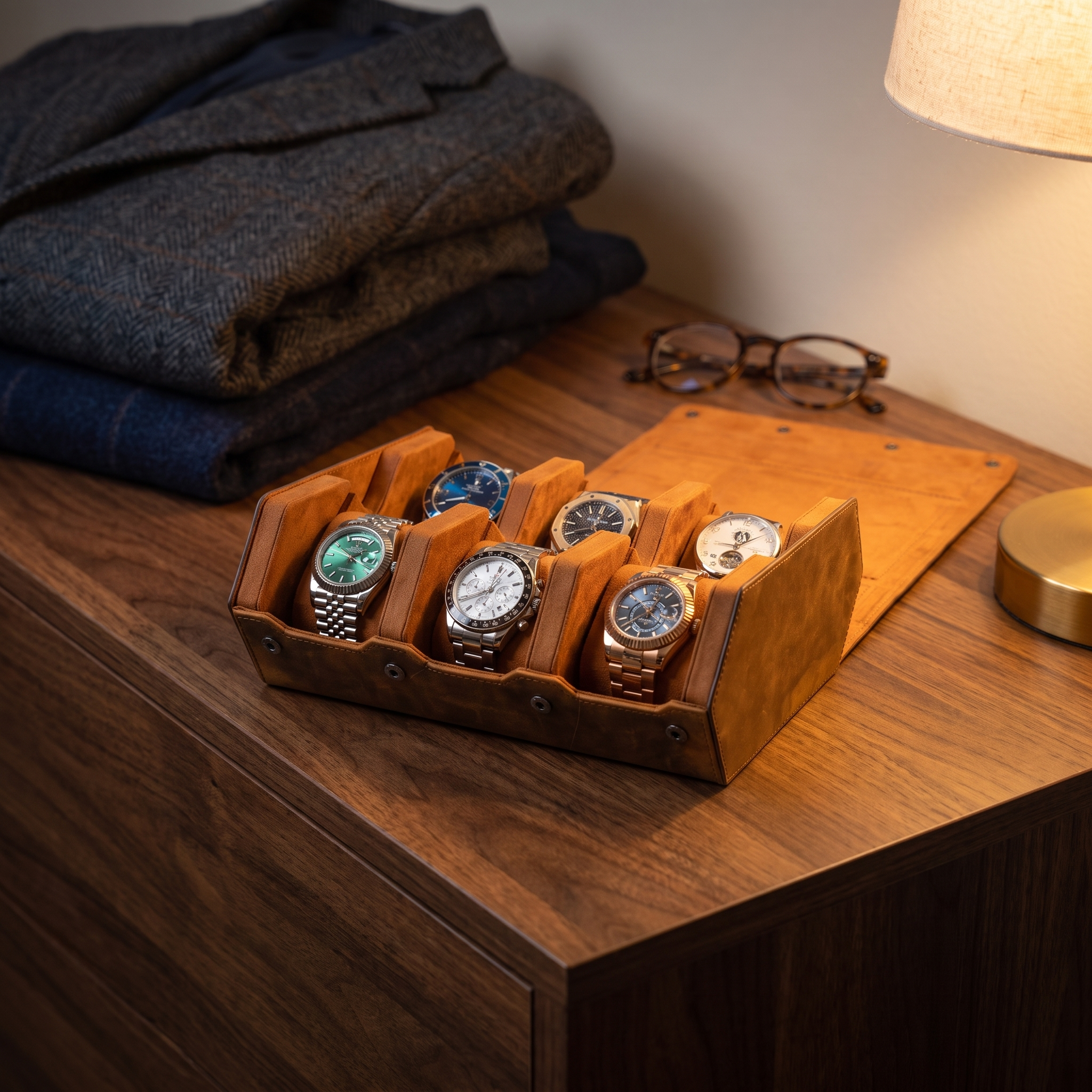 Hex Leather Watch Roll 6 Slots in Saddle Leather/Brown — lifestyle shot