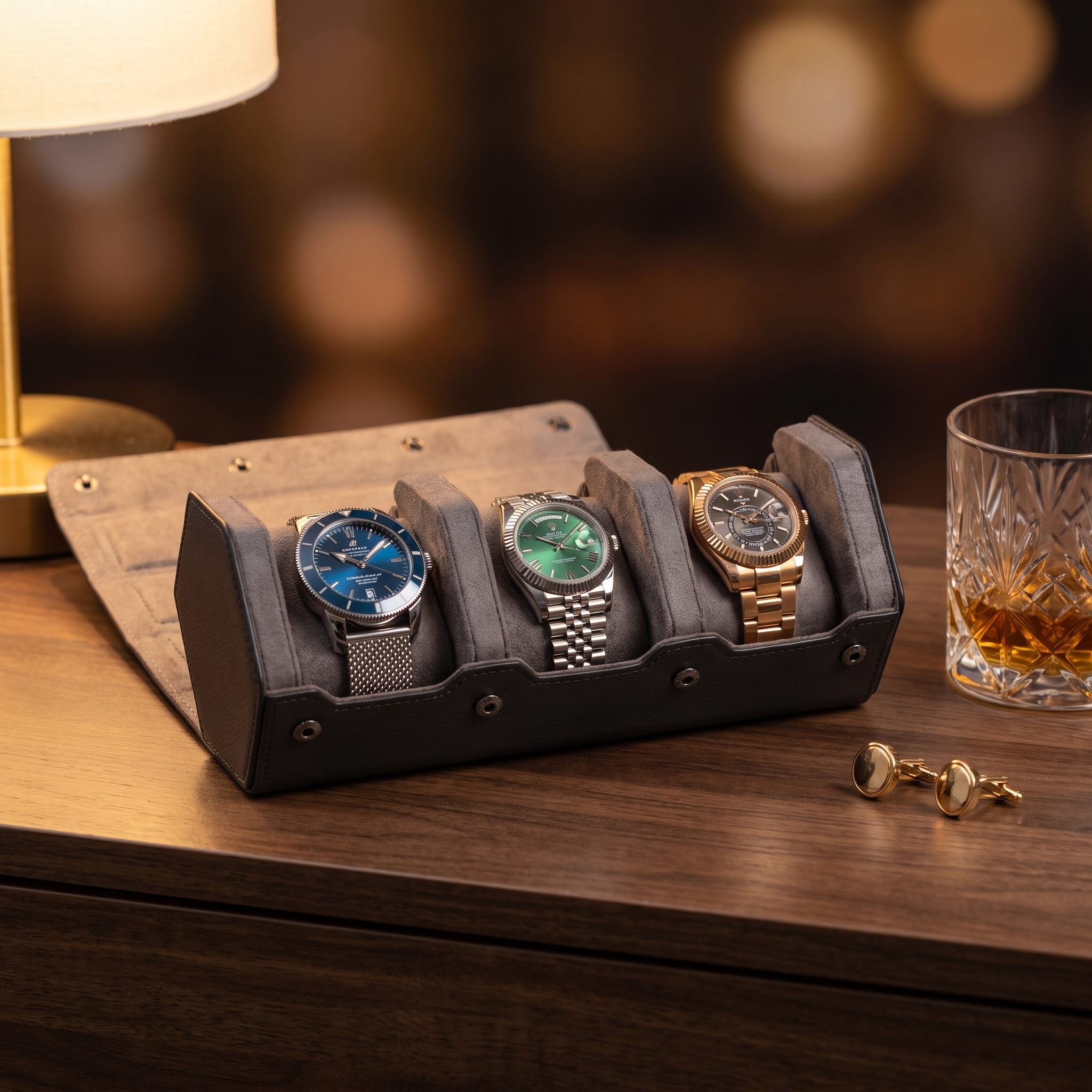 Hex Leather Watch Roll 3 Slots in Black/Charcoal — lifestyle shot