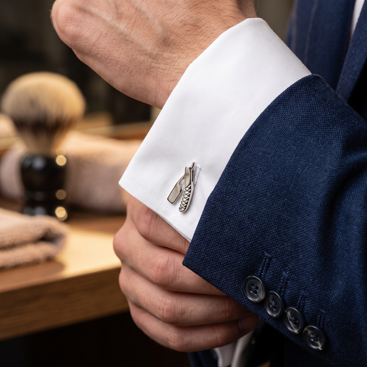 Barbers Straight Razors Silver Cufflinks — lifestyle shot