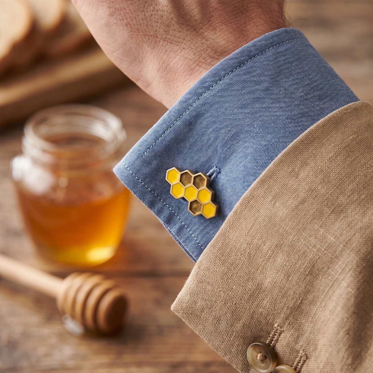 Bees Honeycomb Brushed Cufflinks — lifestyle shot