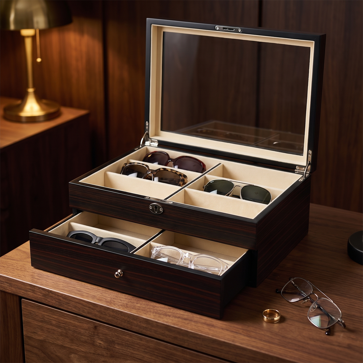 12 Pairs Ebony Wooden Sunglass Box — lifestyle shot