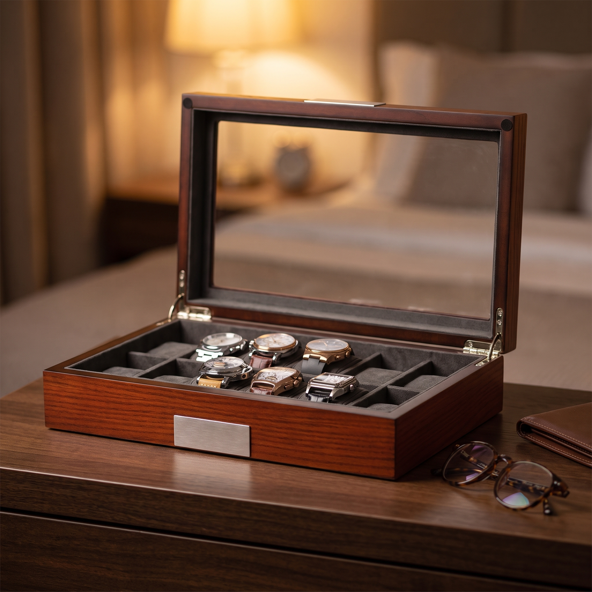 Mahogany Watch Storage Box for 12 Watches — lifestyle shot