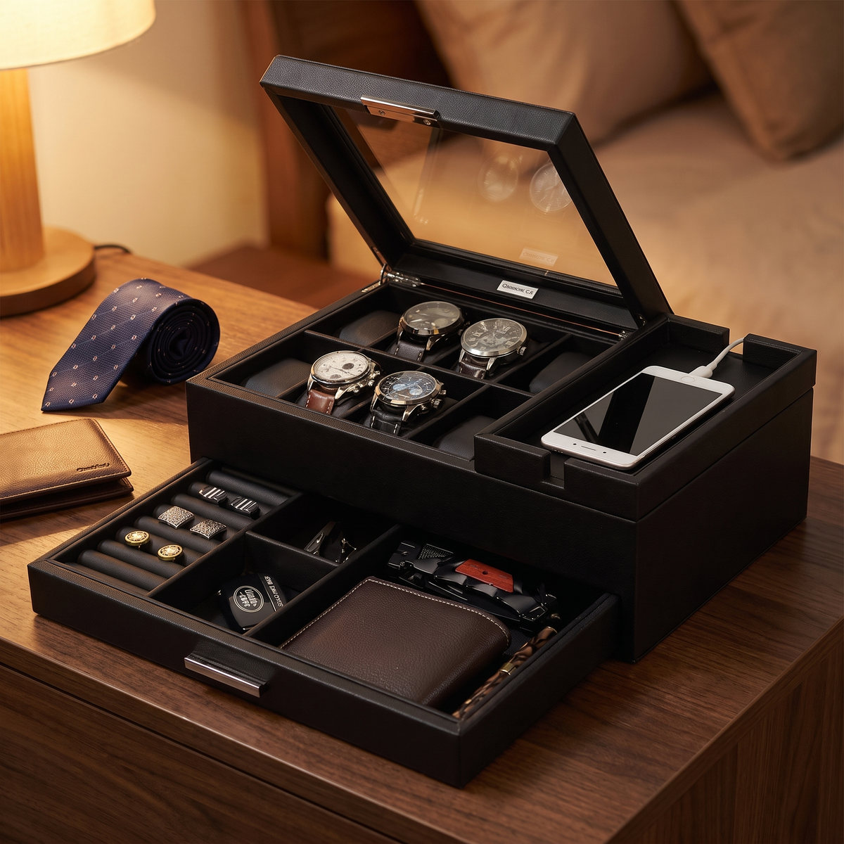 8 Slots Watch Box with Valet and Drawer in Black — lifestyle shot