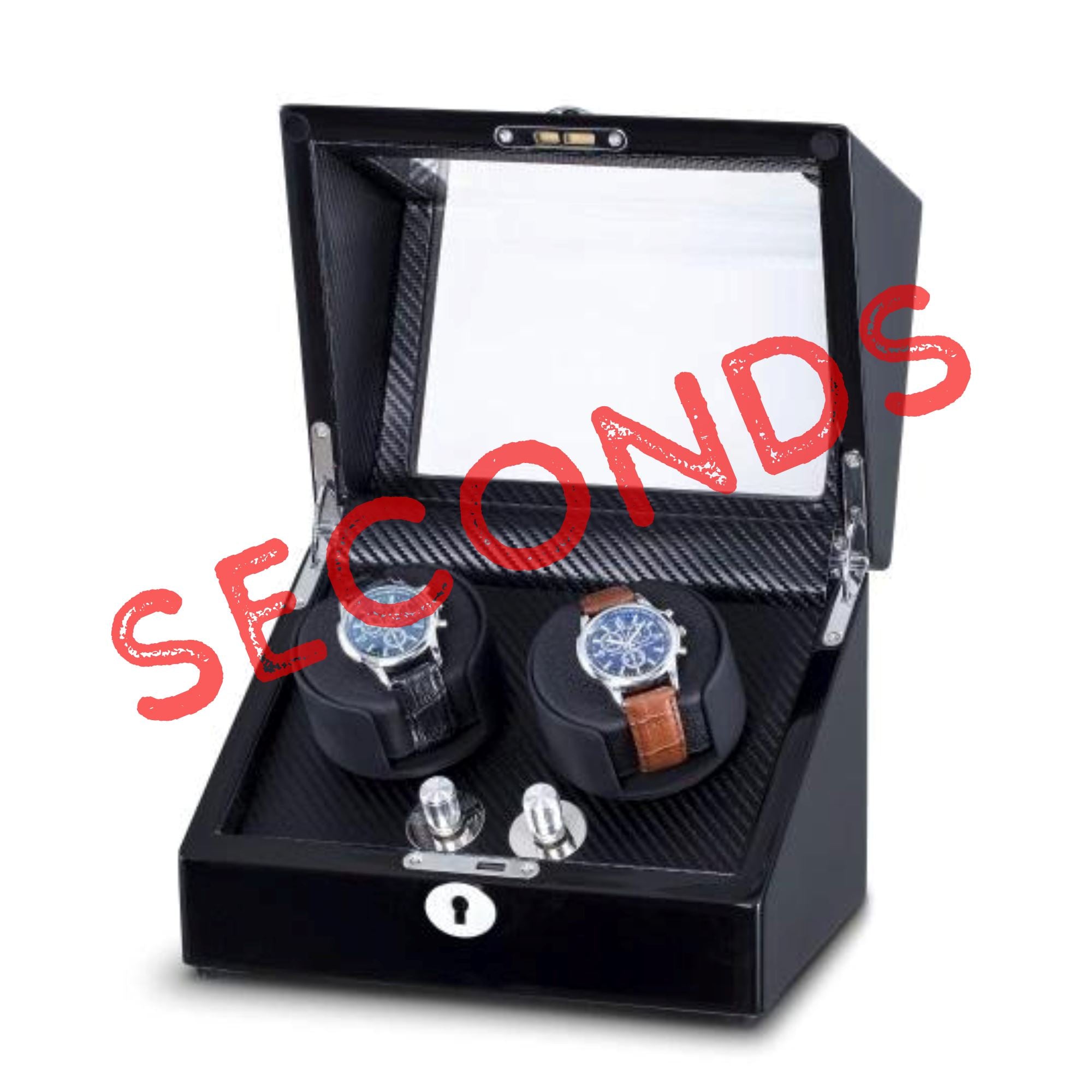 Seconds - Waratah Black Carbon Fibre Watch Winder Box for 2 Watches (a) Seconds Clinks