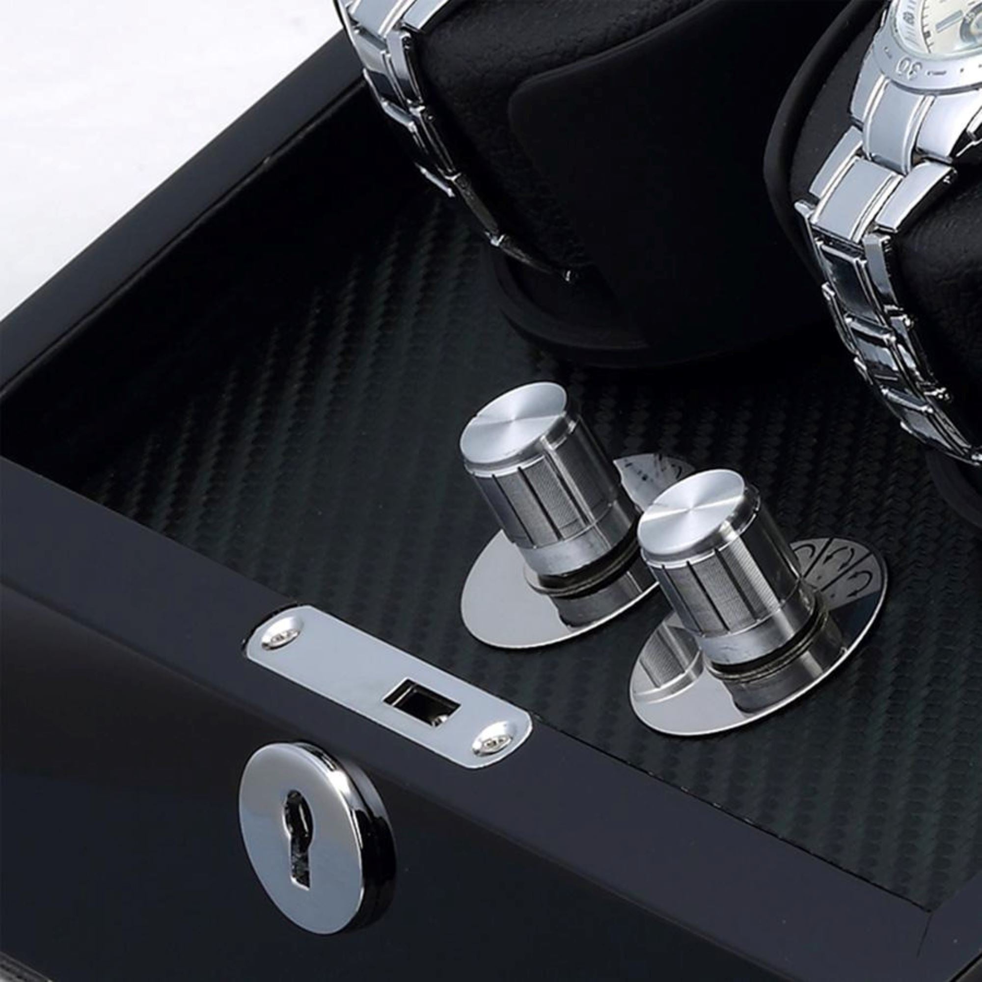 Seconds - Waratah Black Carbon Fibre Watch Winder Box for 2 Watches (a) Seconds Clinks