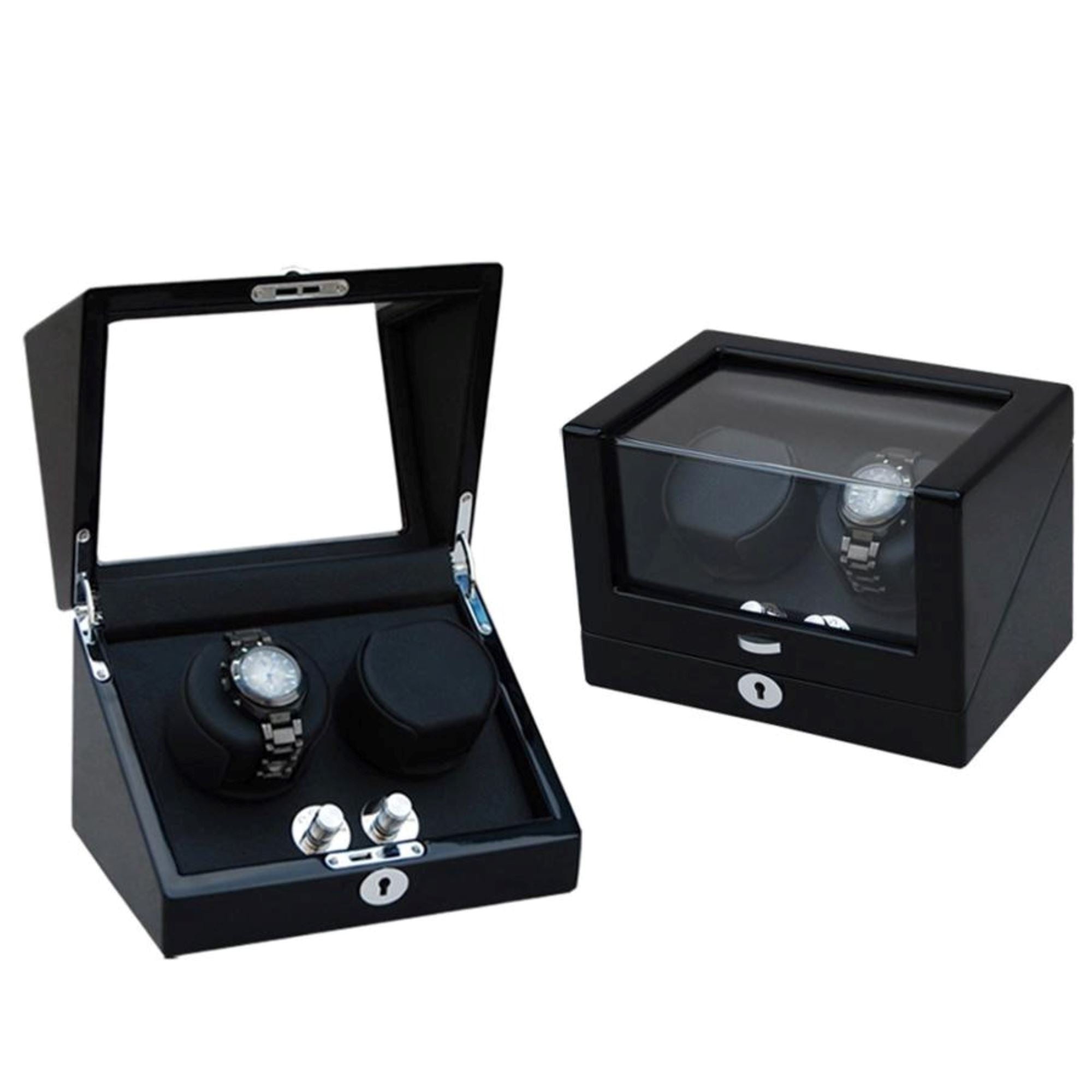 Seconds - Waratah Black Carbon Fibre Watch Winder Box for 2 Watches (a) Seconds Clinks