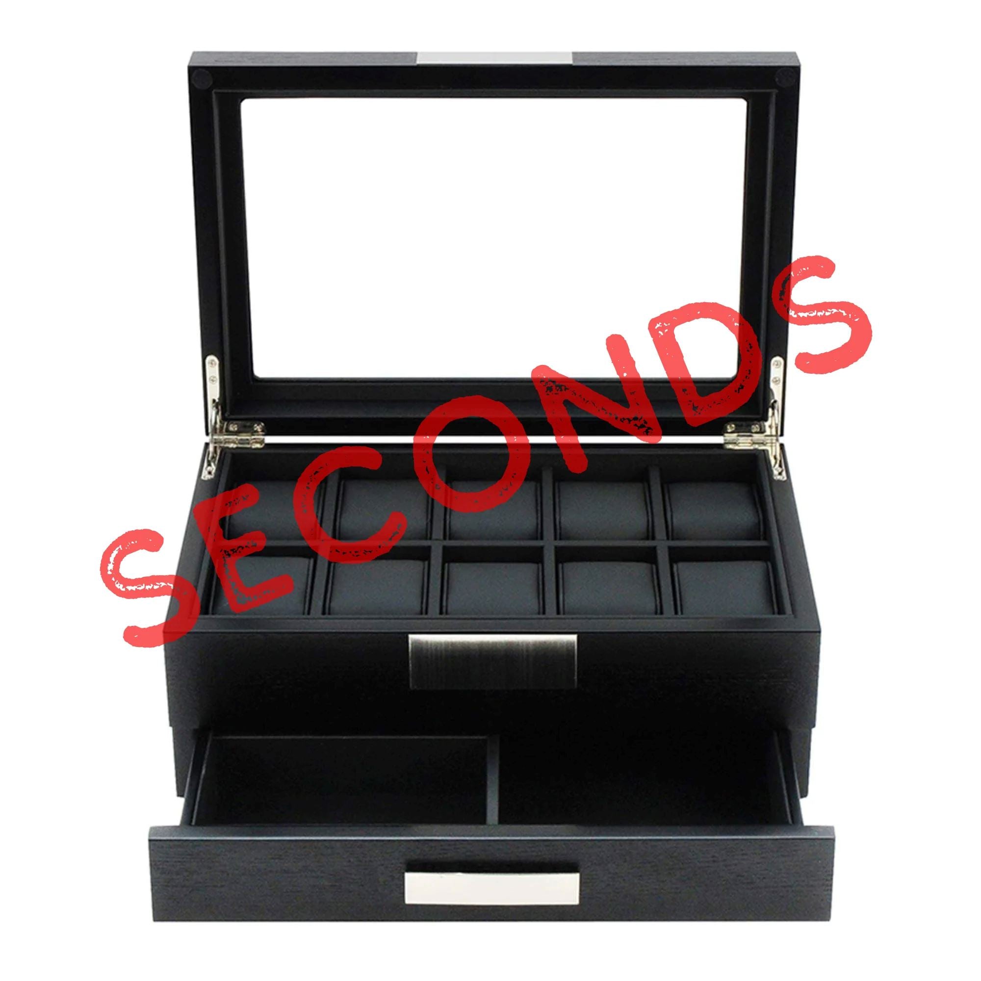Seconds - Black Wooden Watch Box for 10 Watches with a Drawer (e) Seconds Clinks