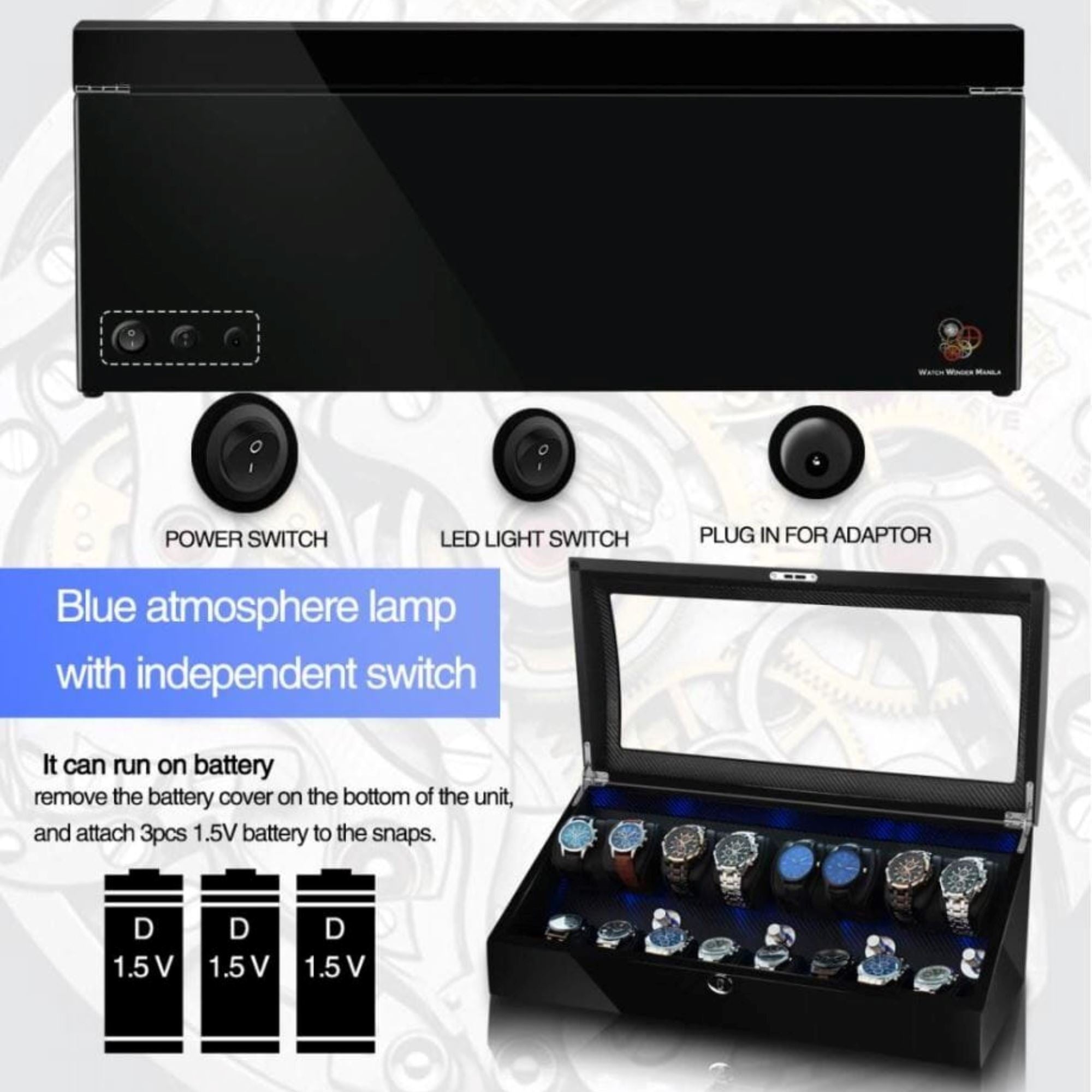 Seconds - Avoca Watch Winder Box for 8 + 8 Watches in Black (f) Seconds Clinks