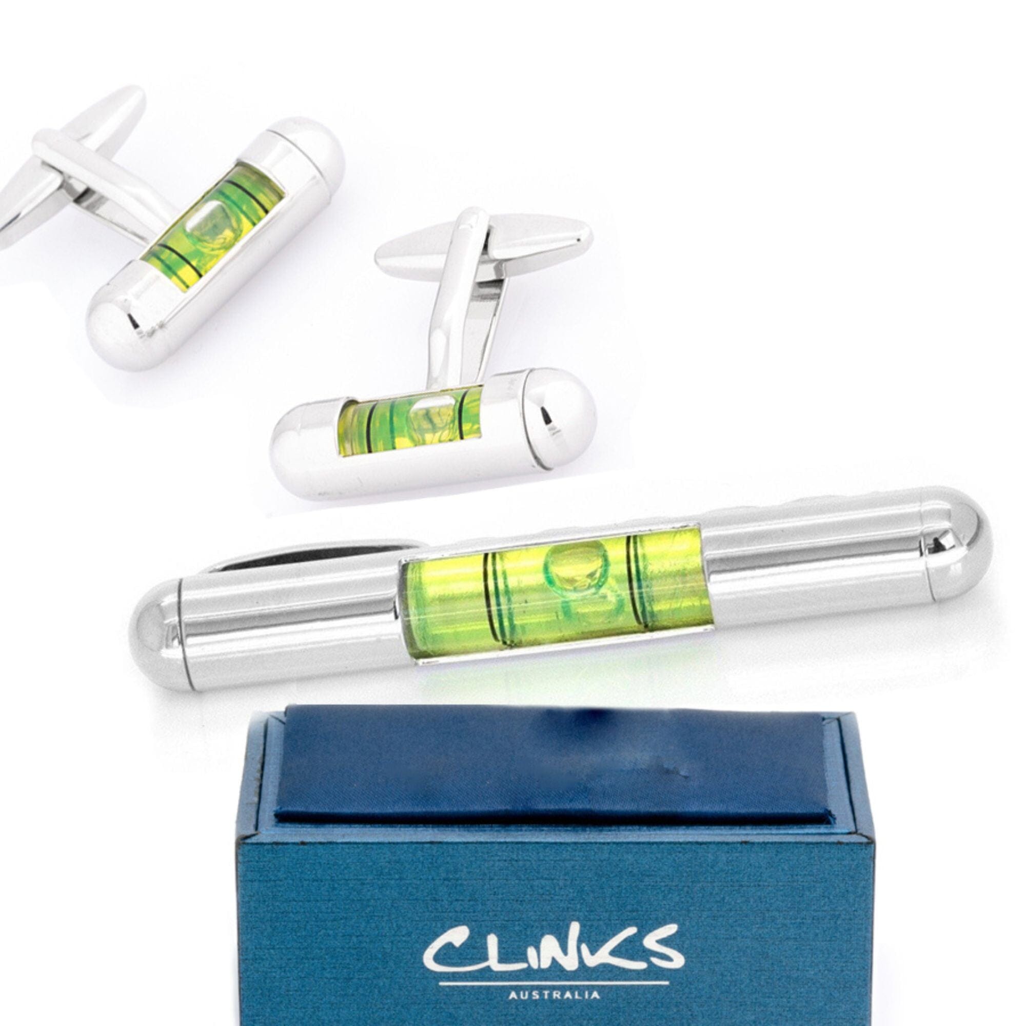 Green Spirit Level Cufflinks & Tie Bar Set Gift Set Clinks Australia