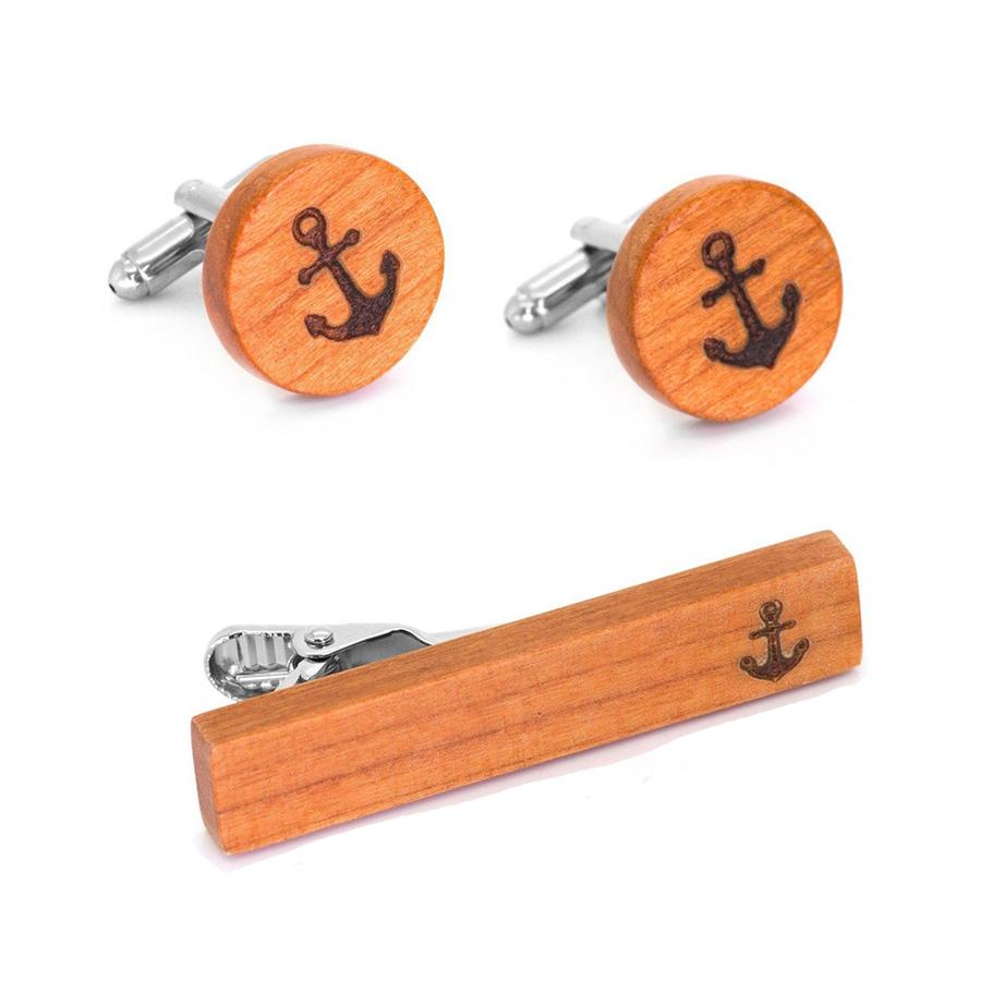 Brown Wood Anchor Cufflinks & Tie Clip Set Gift Set Clinks Australia Default