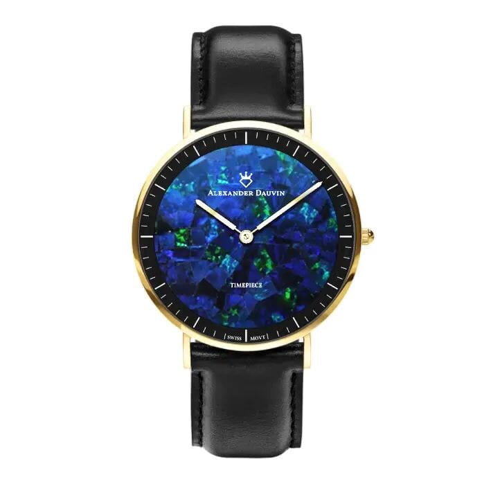 Roland Pedy Blue Swiss Opal Watch 40MM with Black Leather Strap Watches Clinks