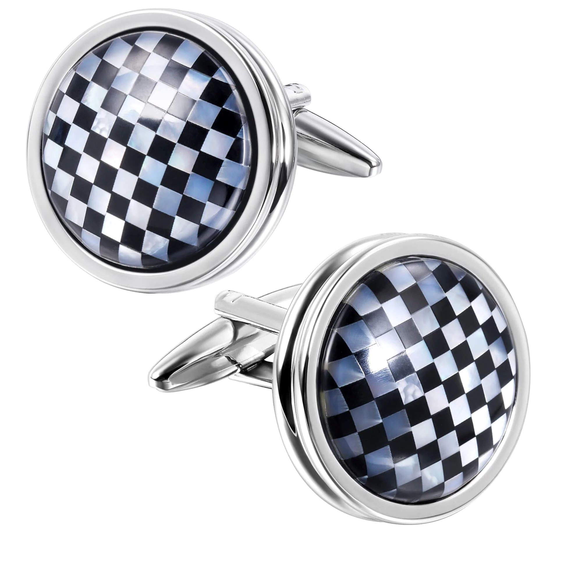 Mother of Pearl and Black Checkerboard in Round Silver Cufflinks Classic & Modern Cufflinks Clinks Australia