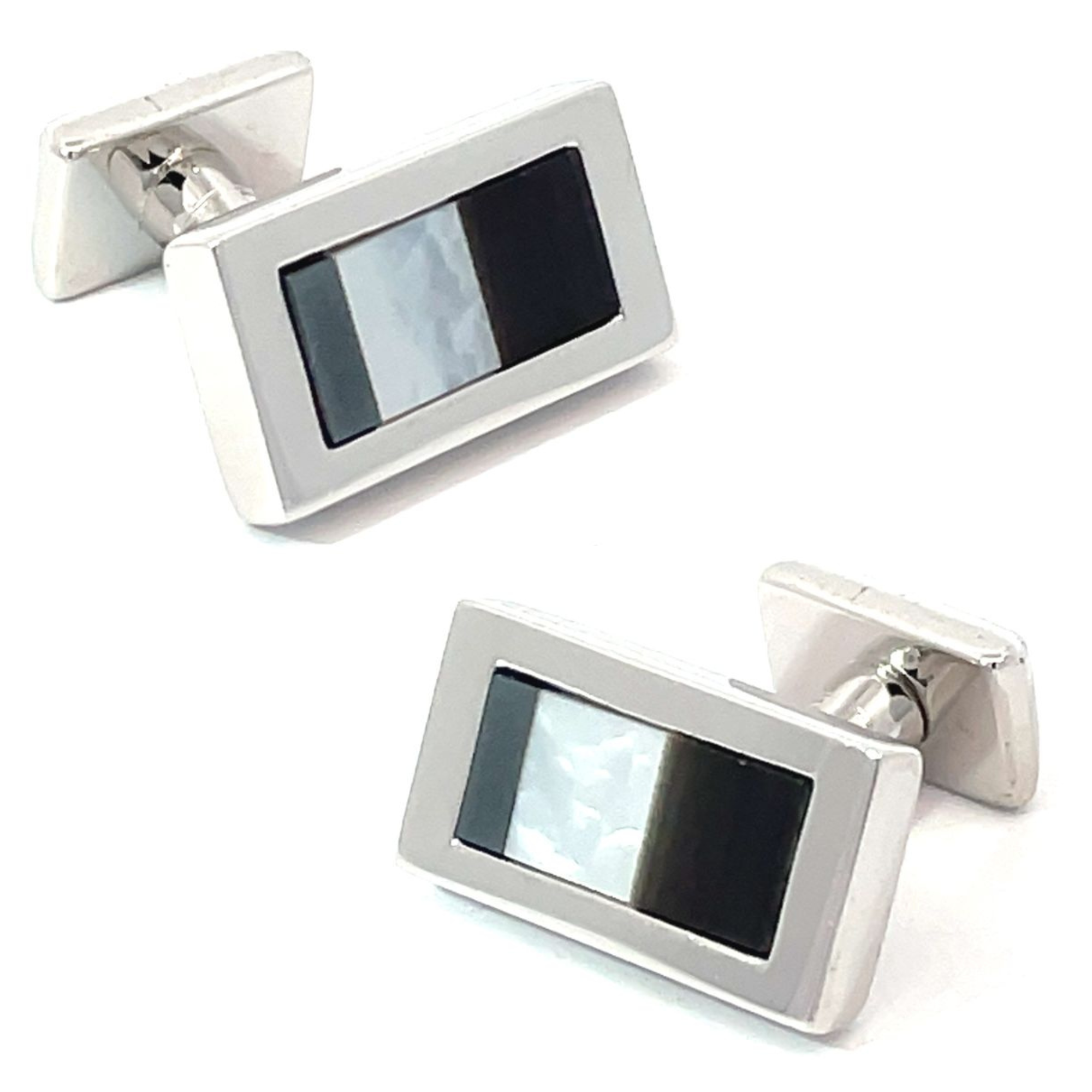 S221 Cufflink rectangular cufflinks feature one black glass inlay and one translucent white oval insert on the backing