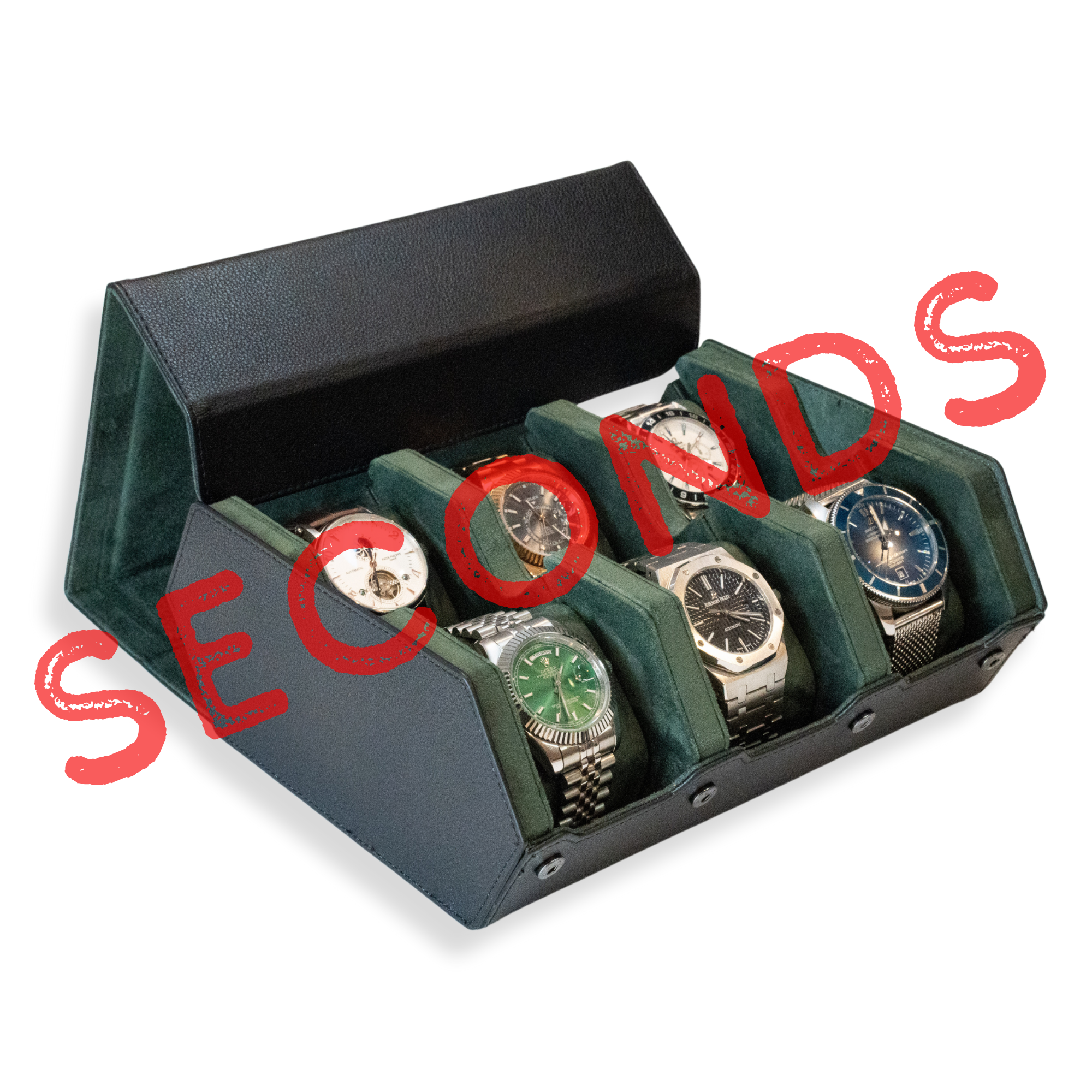 Seconds - Hex Leather Watch Roll 6 Slots in Black/Green