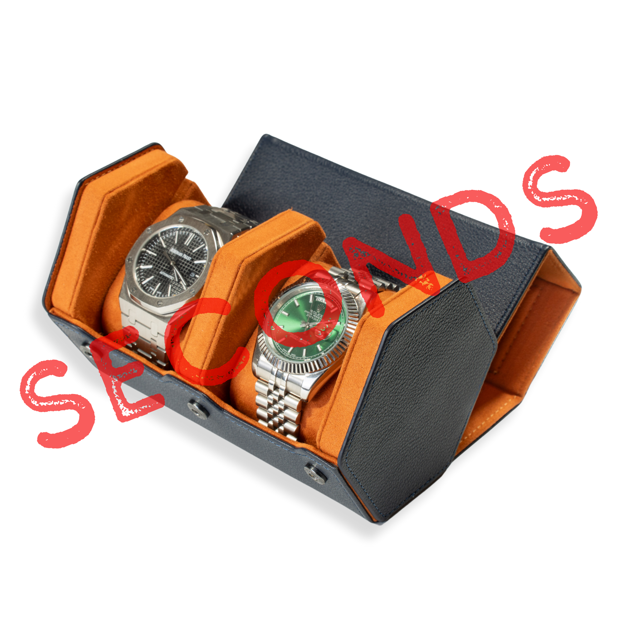 Seconds - Hex Leather Watch Roll 2 Slots in Navy/Orange