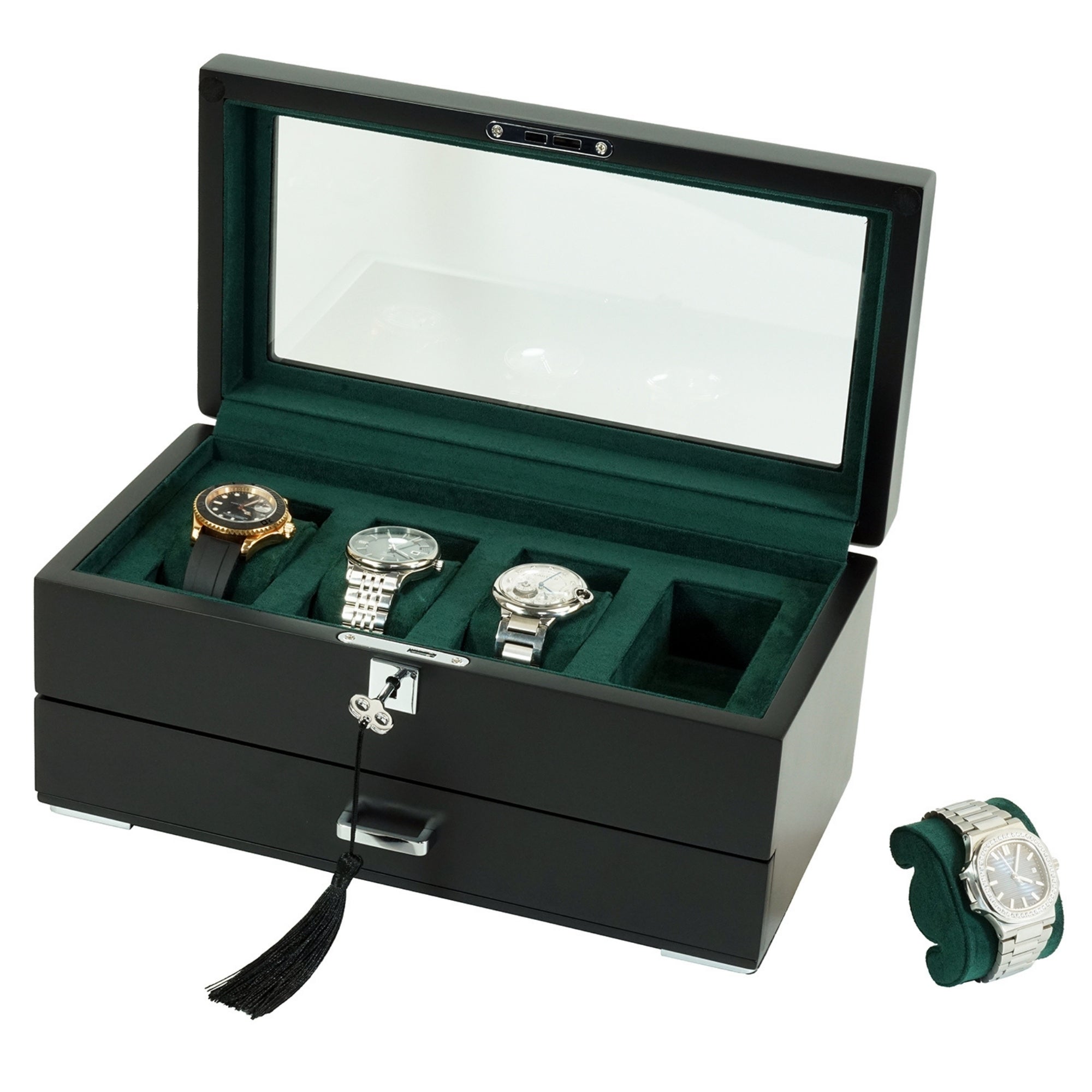 Seconds - 4 Slots Wooden Watch Box with Green Interior and Drawer (A)