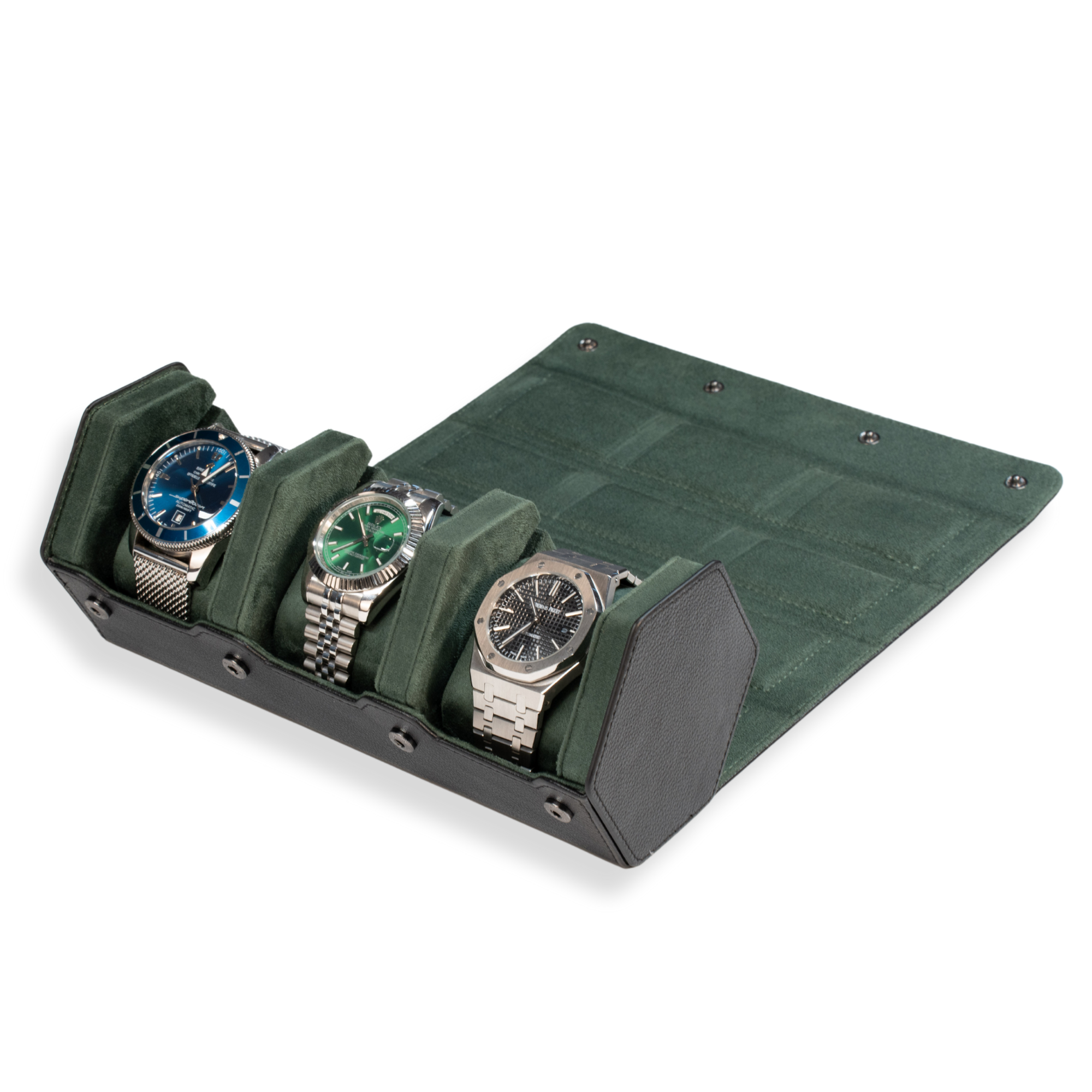 Seconds - Hex Leather Watch Roll 3 Slots in Black/Green