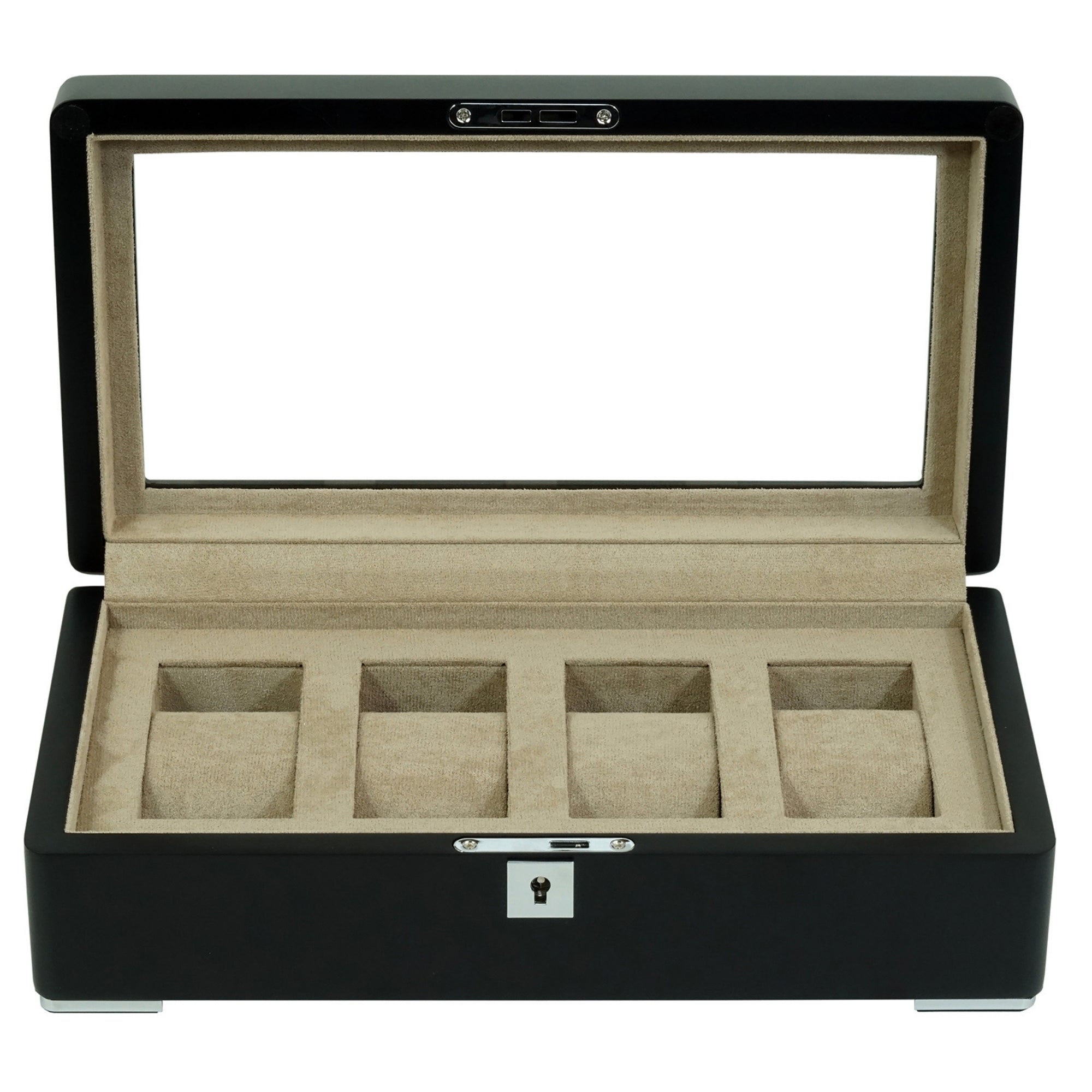 4 Slot Black Wooden Watch Box with Cream Interior