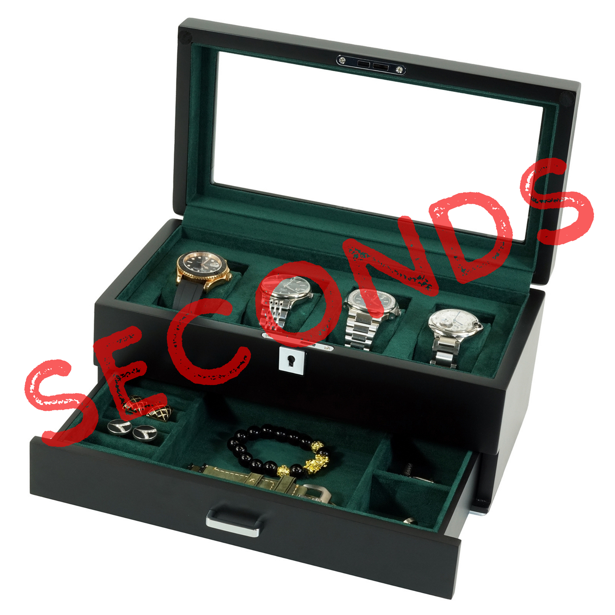 Seconds - 4 Slots Wooden Watch Box with Green Interior and Drawer