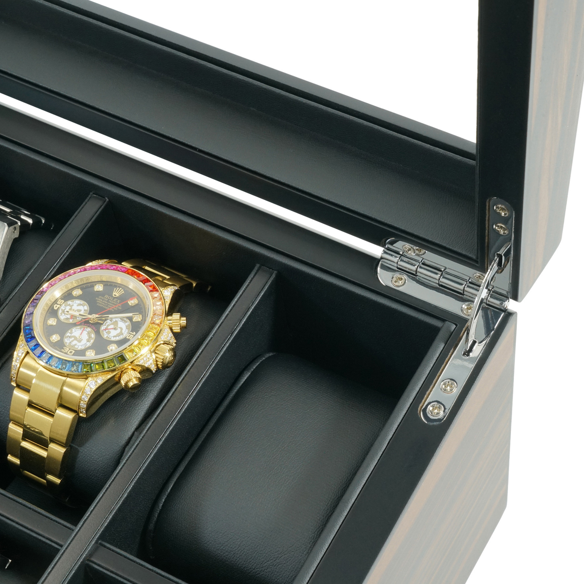 Caja para relojes de 12 compartimentos en madera de ébano con cajón