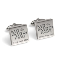 Mr Mrs Last Name Love Heart with Date Engraved Wedding Cufflinks